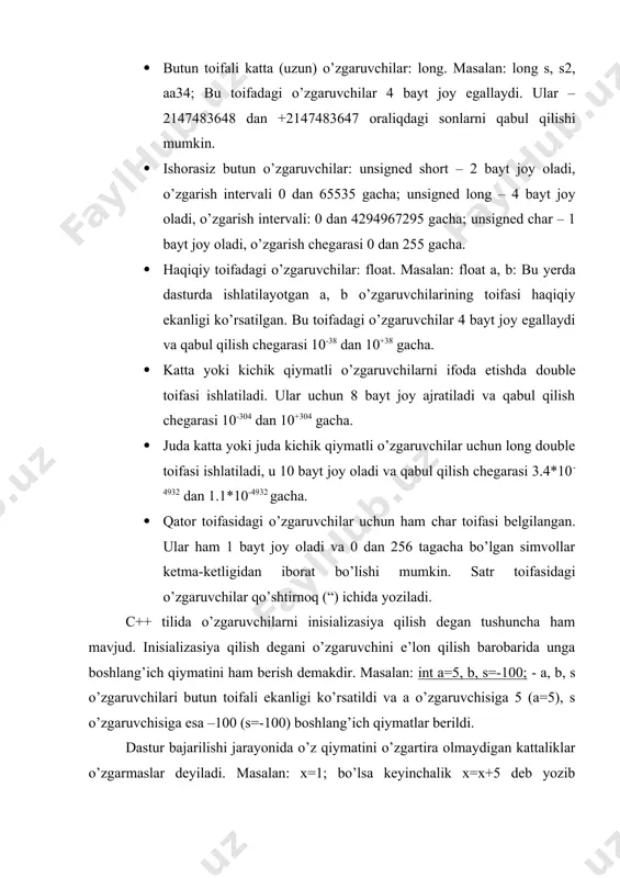 allaydi va qabul qilish chegarasi 10-38 dan 10+38 gacha. · katta yoki kichik qiymatli o’zgaruvchilarni ifoda etishda double toifasi ishlatiladi. ular uchun 8 bayt joy ajratiladi va qabul qilish chegarasi 10-304 dan 10+304 gacha. · juda katta yoki juda kichik qiymatli o’zgaruvchilar uchun long double toifasi ishlatiladi, u 10 bayt joy oladi va qabul qilish chegarasi 3.4*10-4932 dan 1.1*10-4932 gacha. · qator toifasidagi o’zgaruvchilar uchun ham char toifasi belgilangan. ular ham 1 bayt joy oladi va 0 dan 256 tagacha bo’lgan simvollar ketma-ketligidan iborat bo’lishi mumkin. satr toifasidagi o’zgaruvchilar qo’shtirnoq (“) ichida yoziladi. c++ tilida o’zgaruvchilarni inisializasiya qilish degan tushuncha ham mavjud. inisializasiya qilish degani o’zgaruvchini e’lon qilish barobarida unga boshlang’ich qiymatini ham berish demakdir. masalan: int a=5, b, s=-100; - a, b, s o’zgaruvchilari butun toifali ekanligi ko’rsatildi va a o’zgaruvchisiga 5 (a=5), s o’zgaruvchisiga esa –100 (s=-100) boshlang’ich qiymatlar berildi. dastur bajarilishi jarayonida o’z qiymatini o’zgartira olmaydigan kattaliklar …