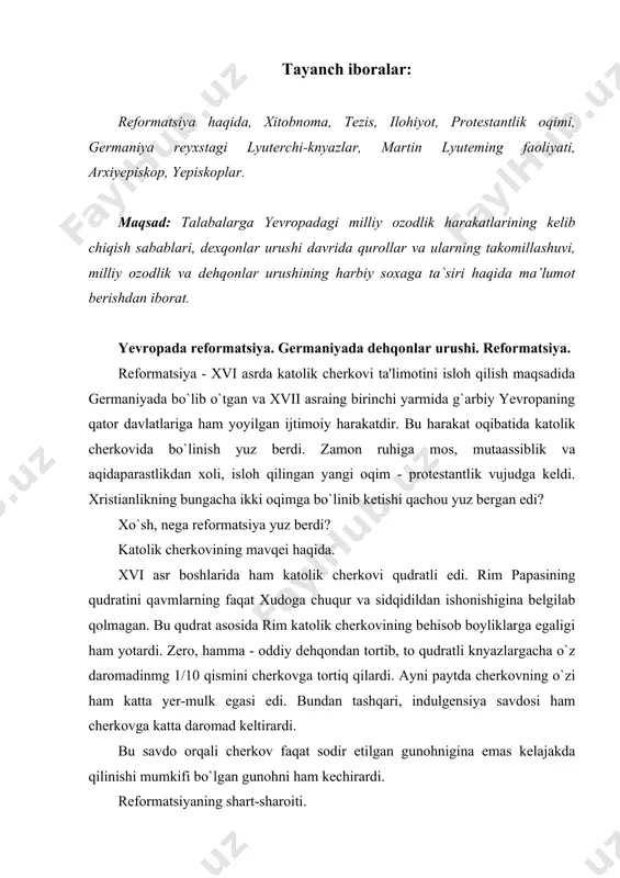 asrda angliya va fransiy qirollari mutlaq hokimiyatga ega bo`lib olgan bo`lsalar, germaniyad siyosiy tarqoqlik hukm surardi. ya'ni, u mayda-mayda davlatlar (knyazliklarga) bo`linib ketgan edi. shu sababli, germaniya imperatc amalda real hokimiyatga ega bo`lmagan. shuning uchun ham ge maniyada katolik cherkovining ta'siri hamon qudratliligicha qolayotg edi. germaniya aholisi ham o`z hukmdorlariga, ham cherkovgatinl madorni qurituvchi soliq to`lardi. bundan tashqari, katolik cherkovi germaniyada katta mol-mulkka ham ega edi. arxiyepiskop yepiskoplar esa amalda mustaqil knyazlar sanalardi. germaniya imperatorini saylab qo`yadigan 7 nafar eng qudratli knyazning 3 nafari arxiyepiskoplar edi. rim cherkovi o`z daromadining katta qismini germaniyadan olgan. imperatorning esa rimga yuboriladigan soliqlar miqdorini kamaytirishga kuchi yetmagan. qolaversa, katolik cherkovi germaniya taraqqiyoti to`sig`iga aylangan siyosiy tarqoqlik va krepostnoylik munosabatlarining tayanchi ham edi. qanday munosabatlarga krepostnoylik munosabatlari deyilgan? yuqorida qayd etib o`tilgan omillar xvi asr boshlarida germaniyada umumiy norozilikni keltirib chiqargan. umumiy norozilikning yuzaga kelishiga shuningdek, katolik marosimlarini bajarishning og`irlashtirib yuborilganligi ham sabab bo`lgan. martin …