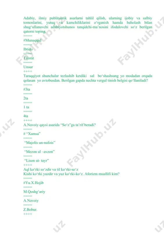 k, talaffuz, so‘z yasalishi, morfologik, sintaktik, uslubiy ==== sintaktik me’yor, uslubiy me’yor ==== leksik me’yor, talaffuz me’yor, sintaktik me’yor ==== faqat so‘z yasalishi me’yori ++++ “ko‘ngliga qo‘l solmoq” iborasining ma’nosi qaysi qatorda berilgan? ==== #eng yashirin fikr-o‘yini bilishga harakat qilmoq ==== kek saqlamaydigan g‘arazi yo‘q ==== xo‘sh ko‘rinishli, yoqimli, jozibador ==== kayfiyati yomon, xira ++++ havo harakatini bildiruvchi shamol so‘zining ma’nosi nima? ==== #shimoldan esgan yelni bildiradi ==== tong yeli degan ma’noni bildiradi ==== g‘arbdan esgan yel degan ma’noni bildiradi ==== shiddatli shamol degan ma’noni bildiradi ++++ nutq madaniyati nima? ==== #nutq madaniyati fikrni mustaqil, ravon, go‘zal va nutq vaziyatiga muvofiq tarzda ifodalanishidir ==== tildan bemalol, maqsadga va nutqiy vaziyatga muvofiq tarzda foydalanish ==== nutqda zaruriy sifatlarni mujassamlashtirish ==== til erkinligi ++++ insonni so‘z ayladi judo hayvondin, bilkim, guhari sharifroq yo‘q ondin. aforizm muallifi ==== #a.navoiy ==== a.avloniy ==== m.qoshg‘ariy ==== a.yassaviy ++++ “tashxis” so‘zining ma’nosi qaysi qatorda to‘g‘ri berilgan? …