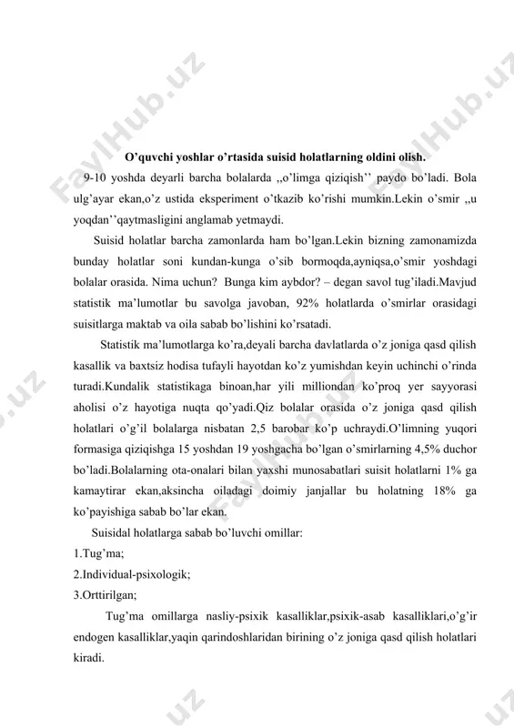 s-tuyg’ularini qo’zg’atmay, yonidan o’tib ketadi.lekin bu ,, hayotiy vaziyatlar daftarchasi yana bir katakchaga ko’paymadi’’ degani emas, u shunchaki bola bu kabi muammoga,masalan, kuyov va qaynona,kelin va qaynona o’rtasidagi tanlov muammosi,biror bir muhim va aziz narsasini yo’qotish yoki o’g’irlatish va hokazolarga duch kelmaguncha ta’sir kuchiga ega bo’lmaydi. ertak nafaqat insonning ongiga, balki ongostiga ham ta’sir qiladi, ,,ajdodlar xotirasi’’ga yoki genetik xotiraga tayana olar ekan, syujetning murakkabligidan qo’rqish kerak emas. xatti-harakatdagi emotsional salbiy o’zgarishlarni to’g’rilashga qaratilgan ertaklarda syujetni chuqur anglash emas,balki insonlarning o’zaro munosabatlarini, ularning ko’rsatgan qahramonliklarini, u yoki bu tanlovning natijasini, o’zining ma’lum bir vaziyatga shaxsiy munosabatini, o’zining shaxsiy xayoti bilan o’zaro aloqalarini voqea va qahramonliklari yordamida eshitayotgan,o’qiyotgan insonning qalbidadir. buni hisobga olish zarur, zero ko’p holatlarda ota-onalar o’zlarining shaxsiy qo’rquvlarini bolaning qo’rquvi deb ta’kidlaydilar. hayotiy qo’rquv kabi o’lim oldidagi qo’rquv ham nafaqat bolalarga, aksincha, bolalardan ko’ra,ko’proqota-onalarga xos bo’ladi. shu bilan birga bu hayotda o’z o’rnini topmaslik qo’rquvi,turmush o’rtog’ini yo’qotish oldidagi …