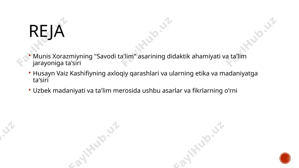 'quvchilarning fikrlash va tushunish qobiliyatini rivojlantiradi. 02 interaktiv usullar asarda interaktiv va amaliy usullar qo'llanilgan, masalan, muhokamalar va masalalar yechish, bu pedagogik jarayonni samarali va qiziqarli qiladi. 03 o'qituvchining roli o'qituvchi nafaqat ma'lumot beruvchi, balki o'quvchilarning motivatsiyasini oshiruvchi va mustahkamlovchi muhim shaxs sifatida ta'riflanadi. 04 ta'limdagi innovatsiyalar asarda yangi pedagogik texnologiyalar va metodlarni joriy etish taklif etilgan, bu ta'lim sifatini oshirish va yoshlarni zamonaviy bilimlar bilan ta'minlashga yordam beradi. husayn vaiz kashifiyning axloqiy qadriyatlari va ularning etika rivojiga ta'siri. 01 axloqiy qadriyatlarning asosiy tamoyillari husayn vaiz kashifi axloqiy qadriyatlarni halollik, adolat va mehr-shafqat kabi tamoyillar asosida quradi, jamiyatda muvozanat va tinchlikni ta’minlashga intiladi. 02 o'zaro hurmat va mehr-shafqat u insonlar o'rtasida hurmat, mehr va hamjihatlikni rivojlantirishni muhim axloqiy qadriyat sifatida targ'ib qiladi, yoshlar tarbiyasida muhim o'rin tutadi. 03 axloqiy rivojlanish va jamiyat kashifiyning fikricha, axloqiy qadriyatlar jamiyat rivojlanishi uchun poydevor bo'lib, odilona va mehribon insonlar orqali barqaror va adolatli jamiyat …