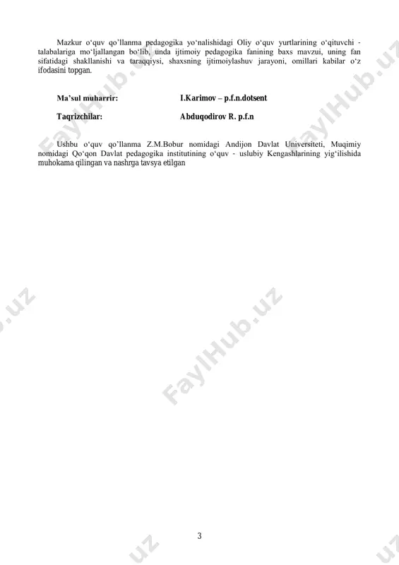 i pedagog tadqiqotchilar qurbonov m.q., qurboniyazova z.q., begmatov a., isaqova m., rossiyalik pedagoglar galaguzova m.a., mudrik a.v., podlasiy i.p. hamda toshkent davlat pedagogika universitetining “pedagogika”, “defektologiya» kafedralaridagi materiallardan ijodiy ravishda foydalanildi. mavzu: ijtimoiy pedagogika haqida tushuncha reja: 1. ijtimoiy pedagogikaning mazmuni, maqsad va vazifalari. 2. ijtimoiy pedagogikaning tarkibiy qismlari. 3. ijtimoiy pedagogikaning asosiy tushunchalari. 4. ijtimoiy pedagogika fanining tadqiqotmetodlari. tayanch tushunchalar: ijtimoiy, pedagogika, ijtimoiylashuv, ob’ekt, predmet, falsafa, etika, sotsiologiya, etnografiya, etnopsixologiya, ijtimoiy tarbiya, ijtimoiylashuv kategoriya, ijtimoiy ta’lim, ijtimoiy pedagogik faoliyat, metod. 5 ijtimoiy pedagogikaning fan sifatidagi tutgan o‘rni, mohiyati haqida fikr yuritishdan ilgari «ijtimoiy pedagogika» atamasiga e’tiborni qaratish zarur. zero unda mustaqil “ijtimoiy”, “pedagogika” yo‘nalishdan iborat bo‘lgan mustaqil fan mujassamlashgandir. bir necha fanlarning bunday birlashuvi tasodifiy xol bo‘lmasdan balki, u ixtisoslashuv jarayonlari bilan bog‘liqdir. darhaqiqat fan olamida keyingi yillarda ixtisoslashuv jarayoni bir muncha rivojlandi. buni birgina pedagogika fani misolida ham ko‘rishimiz mumkin. jumladan, «maktabgacha pedagogika», «maktab pedagogikasi», «maxsus pedagogika», «kasb-xunar …