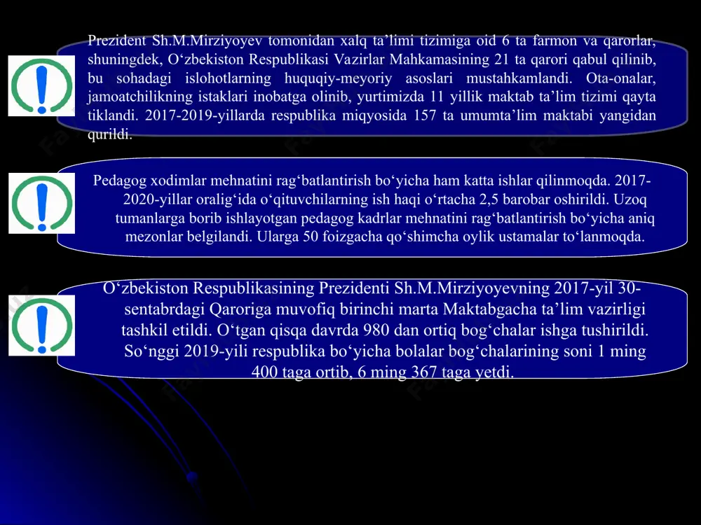 dalanilgan adabiyotlar ro‘yxati. yangi tahrirdagi o‘zbekiston respublikasi konstitutsiyasi. (qonunchilik ma’lumotlari milliy bazasi, 01.05.2023 y., 03/23/837/0241-son). o‘zbekiston respublikasining “ta’lim to‘g‘risidagi” qonuni. (qonun hujjatlari ma’lumotlari milliy bazasi, 24.09.2020 y., 03/20/637/1313-son; qonunchilik ma’lumotlari milliy bazasi, 21.04.2021 y., 03/21/683/0375-son, 12.10.2021 y., 03/21/721/0952-son; 29.11.2023 y., 03/23/880/0905-son; 01.02.2024 y., 03/24/901/0082-son) o‘zbekiston respublikasining “pedagogning maqomi to‘g‘risida”gi qonuni. (qonunchilik ma’lumotlari milliy bazasi, 01.02.2024 y., 03/24/901/0082-son) o‘zbekiston respublikasi prezidentining 2017-yil 20-apreldagi “oliy ta’lim tizimini yanada rivojlantirish to‘g‘risida”gi qarori. www.lex.uz. o‘zbekiston respublikasi prezidenti shavkat mirziyoyevning 2019-yil 23-avgust kuni xalq ta’limi tizimini rivojlantirish, pedagoglarning malakasi va jamiyatdagi nufuzini oshirish, yosh avlod ma’naviyatini yuksaltirish masalalariga bag‘ishlangan videoselektor yig‘ilishidagi ma’ruzasi. www.lex.uz. o‘zbekiston respublikasi prezidentining 2019 yil 8 oktabrdagi pf-5847-sonli “o‘zbekiston respublikasi oliy ta’lim tizimini 2030 yilgacha rivojlantirish konsepsiyasi tasdiqlash to‘g‘risida”gi farmoni. www.lex.uz. o‘zbekiston respublikasi prezidentining 2019-yil 29-apreldagi pf-5712-sonli “o‘zbekiston respublikasi xalq ta’limi tizimini 2030-yilgacha rivojlantirish konsepsiyasini tasdiqlash to‘g‘risida”gi farmoni. www.lex.uz. o‘zbekiston respublikasi prezidentining 2019-yil 8-maydagi pq-4312-son qaroriga ilova. o‘zbekiston respublikasi maktabgacha ta’lim tizimini …