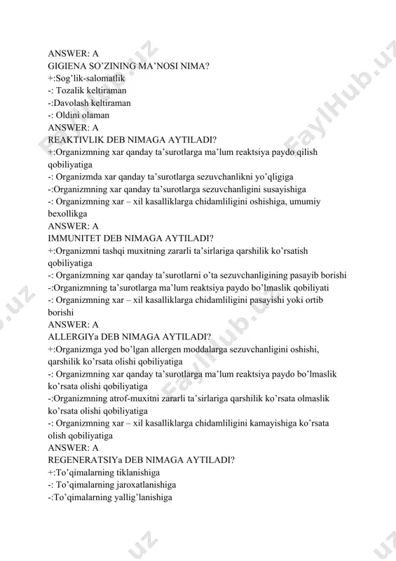 buzilishi bilan kechuvchi jarohat nima deyiladi? +:ochiq jarohat -: yengil jarohat -:o’rtacha jarohat -: og’ir jarohat answer: a gigienaning o’rganish ob’ektini ko’rsating? +:tashqi muxit va organizm reaktsiyalari -: inson yashashi va faoliyati -:sog’likni mustaxkamlash va umrni uzaytirish -: yashash sharoiti , mexnat answer: a to’qimalarning katta qismini buzilishi bilan kechuvchi jarohat nima deyiladi? +:makrojarohat -: ochiq jarohat -:yopiq jarohat -: og’ir jarohat answer: a to’qimalarning bir qismini buzilishi bilan kechuvchi jarohat nima deyiladi? +:mikrojarohat -: ochiq jarohat -:yopiq jarohat -: yengil jarohat answer: a sportda yengil jarohatlar umumiy jarohatlarning necha foizini tashkil qiladi? +:90 % ni -: 79 % ni -:50 % ni -: 10 % ni answer: a gigiena fani nechta omillarni o’rganadi? +:5 -: 2 -:6 -: 4 answer: a empirik usulda to’plangan gigienik ma’lumotlarni birinchi bo’lib jamlagan olim bu: +:gippokrat -: abu ali ibn sino -:e. parks -: m. pettenkofer answer: a sportchlariga xos bo’lgan ochiq jarohatlanishda …