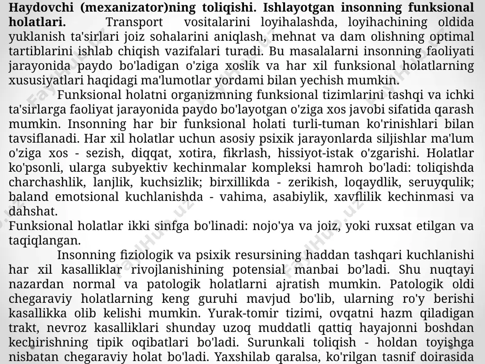 bo'ladi. surunkali toliqish - holdan toyishga nisbatan chegaraviy holat bo'ladi. yaxshilab qaralsa, ko'rilgan tasnif doirasida nafaqat patologik, chegara holatlar ham nojo'yalarga taalluqli bo'ladi. iqlim shinamligi. kabinadagi mikromuhit harorat, nisbiy namlik va havoning piarakat tezligi bilan tavsiflanadi. avtomobil yoki traktorning kabinasidagi nonormal iqlim sharoitlari haydovchining sog'lig'iga zararli ta'sir ko'rsatadi va yth ro'y berishiga imkon tug'dirayotgan sabablardan bittasi bo'ladi. avtomobil (traktor)ning kabinasidagi baland haroratning ta'siri ostida haydovchining diqqati o'tmaslashadi, ko'z o'tkirligi pasayadi, reaksiyaning vaqti ortadi, tezda charchoqlik keladi, xatolar va adashishlar ko'rinadi, ular yth sodir bo'lishiga yoki traktor agregat bilan texnologik operasiyani bajarish sifatining pasaytirishiga olib kelishi mumkin. avtomobil (traktor)ning kabinasida hammasidan ko'ra ma'qul harorat 20...22 °c bo'ladi. harorat 13°c ga pasayganida yth nisbiy xavflilik darajasi 1,5 marta o’sadi, u 27°c gacha oshganida esa - 1,6 marta. xavfsizlik texnikasi va mehnat gigienasi talablaridan biri haydovchi kabinasiga ishlagan gazlarning kirish imkoniyatini yo'qotish hisoblanadi. ularning tarkibida qator zaharli komponentlar (tashkil etuvchilar), shu jumladan uglerod …