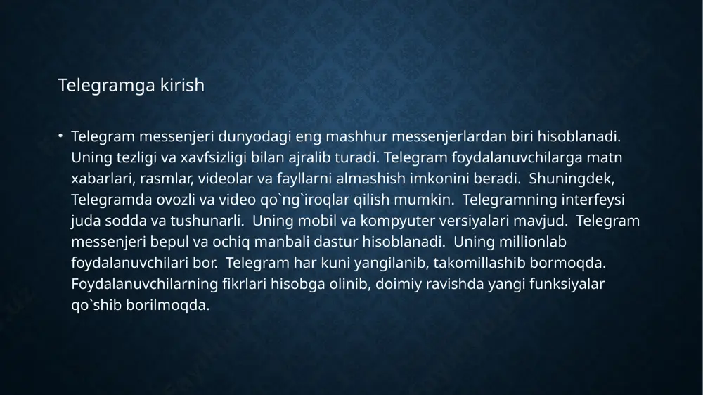 otish uchun ishlatilmoqda. telegram orqali mijozlar bilan aloqa o`rnatish mumkin. telegramda biznes uchun maxsus botlar yaratish mumkin. bu botlar yordamida mijozlarga xizmat ko`rsatishni avtomatlashtirish mumkin. telegram kanallari orqali yangiliklarni tarqatish va mahsulotlar haqida ma`lumot berish mumkin. telegram guruhlari orqali mijozlar bilan muhokama qilish va fikr almashish mumkin. telegram biznes uchun qulay va samarali vosita hisoblanadi. telegramning bepul va ochiq manbali ekanligi biznes uchun juda qulaydir. telegram biznesning samaradorligini oshirishga yordam beradi. telegram biznesda qo`llanilishi telegramning kelajagi juda yorqin. u doimiy ravishda rivojlanib bormoqda. unga doimiy ravishda yangi funksiyalar qo`shib borilmoqda. telegram foydalanuvchilar soni ortib bormoqda. telegramning raqobatbardoshligi ham o`sib bormoqda. telegram kelajakda ham dunyodagi eng mashhur messenjerlardan biri bo`lib qoladi. telegramning rivojlanishiga texnologiyalar taraqqiyoti ham ta`sir qilmoqda. telegramning yangi funksiyalari foydalanuvchilarning ehtiyojlarini qondirishga qaratilgan. telegram o`zining innovatsion yondashuvi bilan bozorda o`z o`rnini mustahkamlamoqda. telegramning kelajagi telegram bilan bog`liq ba`zi muammolar mavjud. ba`zi foydalanuvchilar telegramning xavfsizligi haqida shubha qilishadi. ba`zi foydalanuvchilar …