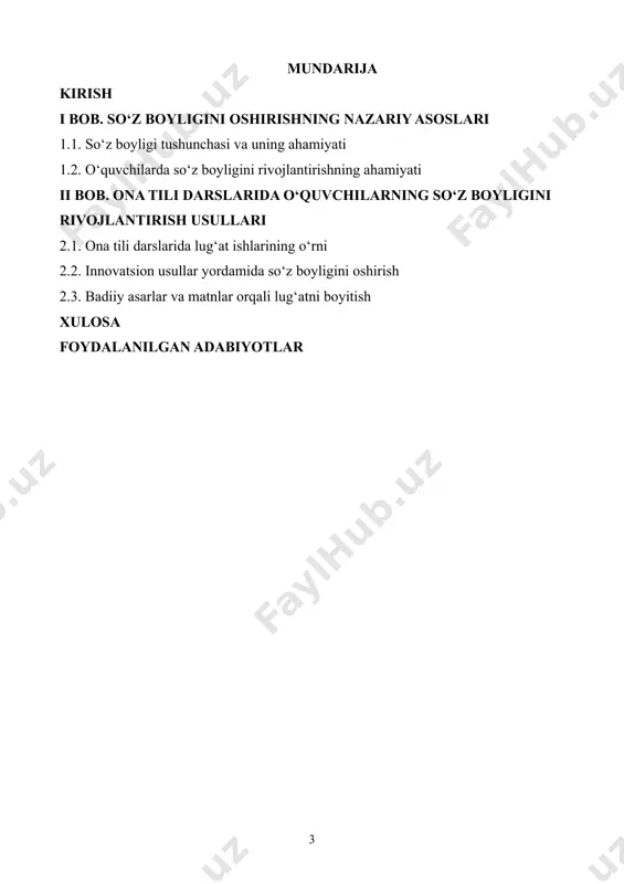ali erishiladigan natijalar tahlil qilinadi. shuningdek, o‘qituvchi va o‘quvchi o‘rtasidagi o‘zaro muloqot, mustaqil fikrlashga undash, kontekstda so‘zlardan foydalanish va nutqiy vaziyatlarga mos tarzda ifoda qilish kabi jihatlarga alohida e’tibor qaratiladi. hozirgi kunda yoshlar o‘rtasida leksik boylikning yetarli darajada rivojlanmaganligi, fikrni aniq va lo‘nda ifoda etishda qiynalayotganlik holatlari kuzatilmoqda. bu esa, maktab bosqichida ona tili ta’limining metodikasini takomillashtirish, so‘z boyligini oshirishda yangi yondashuvlarni tatbiq etish zaruriyatini yuzaga keltiradi. mazkur kurs ishida aynan ushbu masalaga e’tibor qaratilib, o‘quvchilarning leksik boyligini oshirish yo‘llari, samarali metodik usullar va dars jarayonidagi amaliy yondashuvlar asosida tahlil qilinadi hamda ilmiy-nazariy va amaliy jihatdan asoslab beriladi. ona tili darslarida o‘quvchilarning so‘z boyligini oshirish mavzusi ayniqsa dolzarb hisoblanadi, chunki zamonaviy jamiyatda til va nutq madaniyati har bir insonning shaxsiy va professional muvaffaqiyatiga bevosita ta’sir ko‘rsatadi. o‘quvchilarning so‘z boyligini kengaytirish, ularga yangi so‘zlar, iboralar va jumlalar orqali o‘z fikrlarini aniq va to‘g‘ri ifoda etish imkonini yaratadi. bu esa, o‘z navbatida, …
