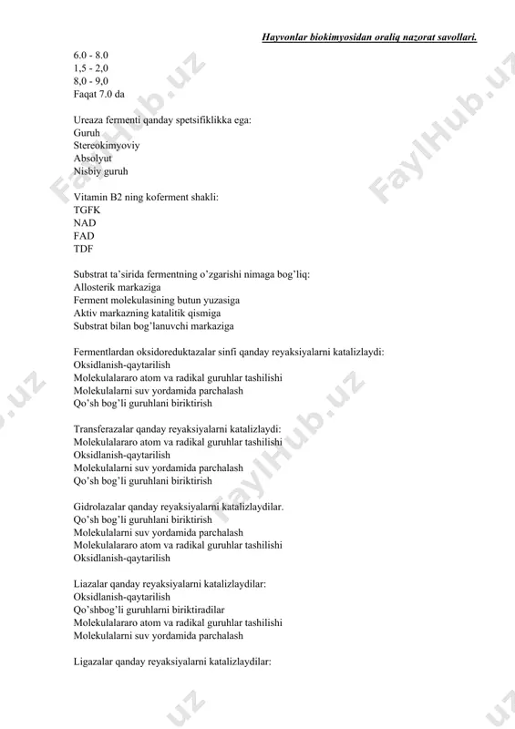 tezi oddiy birikmalardan murakkablari sintezi energiya yutilishi bilan boradigan biogen molekulalar sintezi oddiy moddalardan murakkablari sintezi dekarboksillanish bu: karboksil gruppaning ajralishi uglevodorod radikali ajralishi is gazi ajralishi ammiak xosil bo'lishi metabolit bu: moddalar almashinuvining oraliq maxsuloti moddalar almashinuvi murakkab biomolekulalari oziq moddalaphing tarkibiy qismi moddalar almashinuvi makroergik birikmalari metabolizm bu: moddalar va energiya almashinuvi oziq moddalarning o'zgarishi murakkab moddalarning parchalanish reaksiyalari murakkab moddalarning gidrolitik parchalanish reaksiyalari moddalar almashinuvi qanday tartibda bo'ladi? so'rilish, xazmlanish, oraliq almashinuv, ajralish xazmlanish, so'rilish, oraliq almashinuvi, ajralish ajralish xazmlanish so'rilishpromejutochniy obmen so'rilish xazmlanish oraliq almashinuv ajralish substratli fosforillanish reaksiyalariga oid bo’lgan jarayon ? difosfoglitseratkinazali; piruvatkinazali fosfofruktokinazali; laktatdegidrogenazali; moddalar almashinuvi oraliq maxsulotlaridan glyukozaning xosil bo'lishi qanday jarayon? likoliz glyukoneogenez glikogenogenez liponeogenez qancha molekul nadfh2 6 molekul glyukozani pentozofosfat yo'li bilan oksidlanishidan xosil bo'ladi? 12 molekul nadfh2 3 molekula nadfh2 4 molekula nadfh2 7 molekul nadfh2 qonda glyukozaning normal miqdori: 3.3 - 6,4 mmol / l 1,5 - …