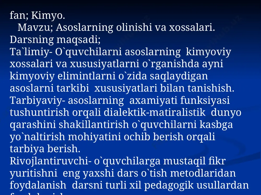 hti rangga kiradi. indikator nomi netral eritmasidagi rangi ishqoriy eritmadagi rangi lakmus binafsha ko`k mtal zarg`aldog`i to`q sariq sariq fenolftalen rangsiz po`shti 2.asoslar kislotalar bilan ta`sirlashib , tuz va suv hosil qiladi naoh + hci= naci +h2o mg(oh)2 +hci =mg(oh)ci + h2o 3. asoslar kislotali oksidlar bilan ta`sirlashadi,tuz va suv hosil qiladi. ca(oh)2 + co2 = caco3 + h2o 4. ishqorlar tuzlar bilan ta`sirlashadi va yangi asos hamda tuz hosil buladi nici2 +2naoh =ni(oh)2 +2naci asoslarning olinishi. 1.ishqoriy va ishqoriy yer metallari suv bilan tas`irlashib olinadi 2na +2h2o =2naoh +h2o ca +2h2o=ca(oh)2 +h2 asoslarning nomlanishi; asoslarning nomi o`zgarmas valetnli metallar uchun metall so`ziga gidroksid qo`shib o`qiladi.masalan;kaliy gidroksidi-koh. agar metal atomi o`zgaruvchan valentli bo`lsa va bir necha xil gidroksid hosil qilsa,metal atomi nomidan kiyen qavs ichida rim raqami bilan kursatiladi.masalan mis(ii)- gidroksidi-cu(oh)2. darsning barcha jarayonlarini tushuntirib bo`lgach sinf o`quvchilarini 2-guruhga bo`lib olib darsni savol-javob asosida mustahkamlaymiz. o`tilgan mavzuni o`quvchilar bilan to`liq …
