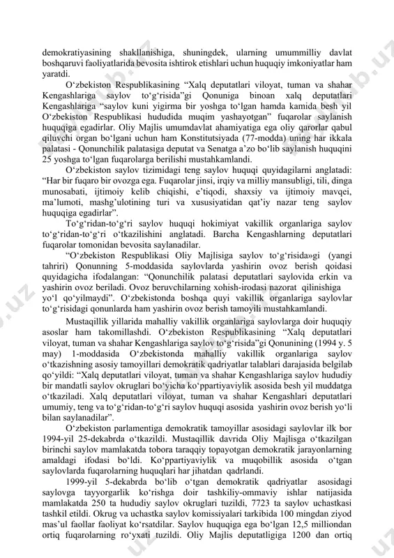 di. o‘zbekiston tarixida birinchi marotaba joriy etilgan prezident lavozimi mustaqil о‘zbekiston davlat hokimiyati organlari tizimida markaziy о‘rinni egallaydi. mamlakatimiz siyosiy tizimida prezidentlik institutining uzil-kesil mustahkamlanishida 1992-yil 8-dekabrda qabul qilingan o‘zbekiston respublikasi konstitutsiyasi alohida о‘rin tutadi. 1995-yil 26-mart kuni o‘zbekiston respublikasi prezidenti i.a.karimovning vakolat muddatini 1996-yil dekabrdan 2000-yilgacha uzaytirishga bag’ishlangan umumxalq referendumi bо‘lib о‘tdi. 2000-yil 9-yanvarda esa mamlakatimizda о‘zbekiston prezidenti saylovi bо‘lib о‘tdi. bu saylov ham xalqning siyosiy ongi, madaniyati va faolligi oshganini kо‘rsatdi. saylovda rо‘yxatga olingan 12 million 746 ming 903 saylovchidan 12 million 123 ming 199 ta saylovchi ishtirok etdi. bu rо‘yxatga olingan saylovchilar umumiy miqdorining 95,1 foizini tashkil etdi. saylovda i.a. karimov 91,9 foiz ovoz bilan g’alaba qozondi. 2. hokimiyatni nomarkazlashtirishga va vakolatlarining bir qismini markazdan hokimiyatning mahalliy organlariga о‘tkazishga yо‘naltirish bо‘yicha majmuaviy qonunchilik va huquqiy hujjatlarning qabul qilinganligini tizimlashtirish va qо‘shimchalarini ishlab chiqish, eng muhimi - о‘z-о‘zini boshqarish organlari - mahallalar, mahalla qо‘mitalari va qishloq yig’inlarining roli …