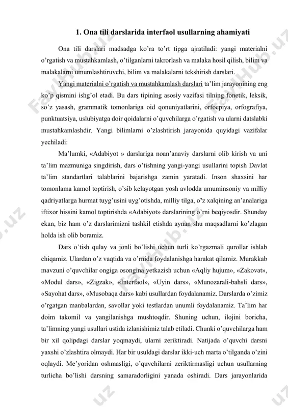 hda, milliy tilga, o’z xalqining an’analariga iftixor hissini kamol toptirishda «adabiyot» darslarining o’rni beqiyosdir. shunday ekan, biz ham o’z darslarimizni tashkil etishda aynan shu maqsadlarni ko’zlagan holda ish olib boramiz. dars o’tish qulay va jonli bo’lishi uchun turli ko’rgazmali qurollar ishlab chiqamiz. ulardan o’z vaqtida va o’rnida foydalanishga harakat qilamiz. murakkab mavzuni o’quvchilar ongiga osongina yetkazish uchun «aqliy hujum», «zakovat», «modul dars», «zigzak», «interfaol», «uyin dars», «munozarali-bahsli dars», «sayohat dars», «musobaqa dars» kabi usullardan foydalanamiz. darslarda o’zimiz o’rgatgan manbalardan, savollar yoki testlardan unumli foydalanamiz. ta’lim har doim takomil va yangilanishga mushtoqdir. shuning uchun, ilojini boricha, ta’limning yangi usullari ustida izlanishimiz talab etiladi. chunki o’quvchilarga ham bir xil qolipdagi darslar yoqmaydi, ularni zeriktiradi. natijada o’quvchi darsni yaxshi o’zlashtira olmaydi. har bir usuldagi darslar ikki-uch marta o’tilganda o’zini oqlaydi. me’yoridan oshmasligi, o’quvchilarni zeriktirmasligi uchun usullarning turlicha bo’lishi darsning samaradorligini yanada oshiradi. dars jarayonlarida notiqlik, suhbat, hikoya, mustaqil ish, yozma ish, zamon bilan …