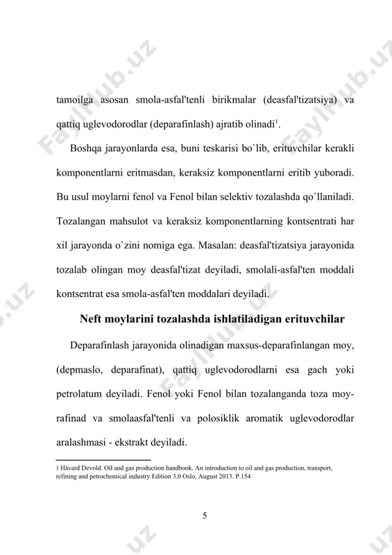 a nisbatan tanlab eritish xossasini sezilarli darajada yaxshilaydi. mineral moylar ishlab chiqarish sanoatida keng ko`lamda amaliy jiqatdan fenol, fenol va n-metilpirrolidon erituvchilaridan foydalaniladi. fenol erituvchisi. ma`lumki, fenol oltingugurt birikmalari va smolani, qisman sul'fidlarni yaxshi eritadi. shuning uchun erituvchilar orasida fenol moylarni tanlab eritishda unumli erituvchi qisoblanadi. aynan uning xossalarini inobatga olgan qolda neftni qayta ishlash zavodlarining moybloklari loyiqalangan. fenol formulasining strukturasi: c6h5oh, jadval. fenolning fizik-kimyoviy xossalarining ko’rsatkichlari 1 zichlik, 20oc da, kg/m3 1071 2 molekulyar og’irlik 94,11 3 sindirish ko`rsatkichi, 41 oc 1,5425 4 kritik harorat, os 419 5 kritik bosim, mpa 6,05 6 issiqlik siqimi, 45 oc da, kdj/(kg*grad) 2,11 7 qovushqoqlik 45 oc da kinematik, mm2/s dinamik, pa*s 3,8 4,0 8 harorat, oc chaqnashi 79 buqlarning qavoda alangalanishi 430 atmosfera bosimida qaynashi 181 erishi +41 9 fenolning suvda eruvchanlik %, harorati os 20 8,2 40 9,6 10 suvning fenolda eruvchanligi %, harorati oc 40 33,2 11 buqlanish entalpiyasi, …
