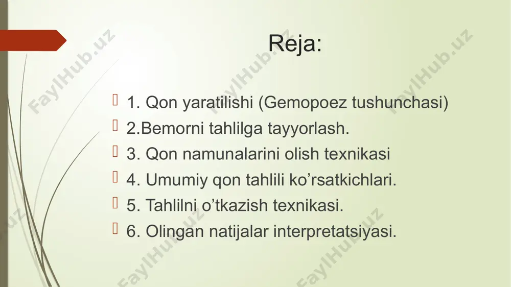 5-1,05. echt - 2-10 mm/s, ayollarda- 2-15 mm/s. qon ivish vaqti- 3-5 daqiqa. gemoglobinni aniqlash metodlari gemotologik analizatorda (gemoglobisianid usuli). probirkaga 5 ml maxsus eritma solinadi va bemordan 20 mkl qon olinib eritma bilan aralshtiramiz. gematologik analizatorda o’lchaymiz. gemoglobinning me’yoriy ko’rsatkichlari: ayollarda- 120- 140 g/l erkaklarda- 130- 160 g/l eritrositlarni aniqlash metodlari. 1 goryayev kamerasida sanash. 2 gematologik avtomatik analizatorda aniqlash (rbc-red blood cells). eritrositlarning me’yoriy ko’rsatkichlari: ayollarda- 3,7-4,7x10^12/l erkaklarda- 4,0-5,5x10^12/l yangi tug’ilgan chaqaloqlarda- 6-7x10^12/l goryayev kamerasida eritrositlarni sanash probirkaga 4 ml 0,9% nacl eritmasi solinadi va bemordan 20 mkl qon olinib eritma bilan aralshtiramiz. tayyorlangan eritmadan 1 mkl olib goryayev kamerasiga solinadi va mikroskopda sanaladi. goryayev kamerasining ko’rinishi. eritrositlarni hisoblash kamera to`ldirilgandan 2-3 daqiqa o`tgach mikroskop ostida diagonal bo’ylab joylashgan 5 kichik kataklarda sanaladi (1 ta katak 16 ta kichik katakchalardan iborat). eritrositlar miqdorini aniqlash formulasi. x=(a*4000 *200)/80 a- goryayev kamerasida sanalgan eritrositlar miqdori. 4000- 1 kichik kvadrat hajmi. …