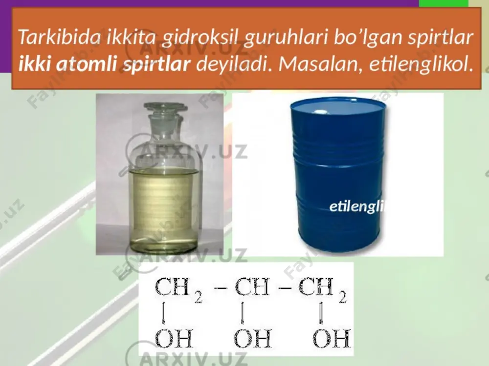 mas, sas124s2n5on, mgcl26c2h5oh, cuso4ch3oh. koʻpchilik s. suv va baʼzi erituvchilar bilan aralashib, azeotrop aralashmalar hosil qiladi. ko‘p atomli spirtlar. ikki yoki undan ortiq gidroksil guruhi tutgan birikmalarga ko‘p atomli spirtlar deyiladi. tarkibida ikkita gidroksil guruh tutgan bo‘lsa glikollar deyiladi. gidroksil guruhlar 1,2; 1,3 va h-zo holatlarda joylashgan bo‘lishi mumkin: -glikollarda oh-guruhlar yonma-yon joylashgan bo‘ladi: -glikollarda oh -guruhlar 1,3-holatda joylashgan bo‘ladi: -glikollarda oh-guruhlar 1,4-holatda joylashgan bo‘ladi: glikollar bir atomli spirtlar kabi olinadi. 1.to‘yingan uglevodorodlarning digalogenli birikmalaridan yoki xlorgidrinlardan olinadi: 2.alkenlardan oksidlab olish (vagner reaksiyasi): glitserin 1779 yilda k.sheyele tomonidan yog‘ni ishqor bilan qo‘rg‘oshin oksidi ishtirokida gidroliz qilib olingan. hozir sanoatda glitserinning ma’lum qismi yog‘dan, asosiy qismi esa sintetik usul bilan allilxlorid yoki allil spirtidan olinadi: fizik va kimyoviy xossalari glikollarda suv va spirtlar kabi vodorod bog‘lari hosil bo‘lgani uchun qaynash temperaturalari yuqori bo‘ladi. glikollarda bitta yoki ikkita gidroksil guruhidagi vodorod reaksiyaga kirishishi mumkin. birinchi vodorodning almashishi ikkinchi gidroksil guruhning elektronoakseptor (-i) …