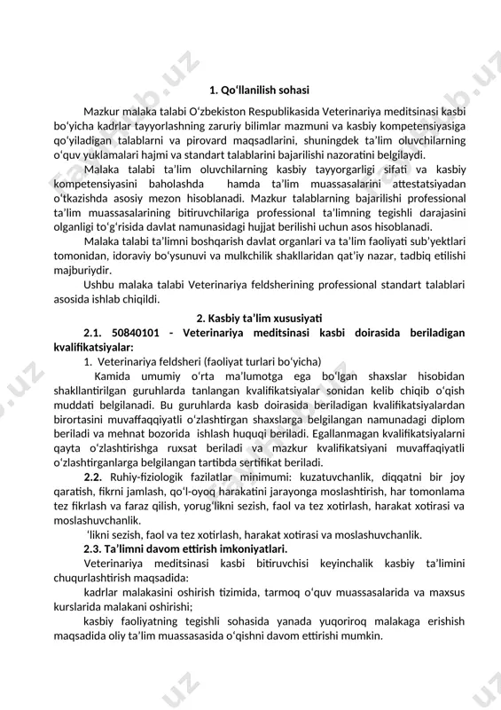 hlarini bajarish (rektotservikal, monotservikal va b.); ikki oydan so‘ng bo‘g‘ozligini aniqlash; dezinfeksiyalash joyini aniklash va dezinfeksiya ishlarini amalga oshirish; maxsus kiyimlar tayyorlash; dezinfeksiyalovchi texnikalar (duk) avtomashinalardan foydalanishni bilish; qo‘lda dezinfeksiyalovchi texnik qurilmalar ishlatish.; dezinfeksiya dori vositalarini kerakli foizda va miqdorda tayyorlashni bilish; dori saqlash shkafi va muzlatgichlarni ajratib moslashtirish; elektron tarozi va boshqa jihozlardan foydalanishni bilish; dori -darmon vositalari to‘liq bilish, o‘rganish va tavsiya eta olish; me’yoriy hujjatlar (reseptni yozish va o‘qishni bilish). 4. ta’lim dasturini o‘zlashtirgan bitiruvchining umumiy va kasbiy kompetensiyalariga qo‘yiladigan talablar 4.1. 50840101 -veterinariya meditsinasi kasbi bitiruvchilari umumiy kompetensiyasiga qo‘yiladigan talablar: ptm bitiruvchisi quyidagi umumiy kompetensiyalarga ega bo‘lishi kerak: uk-1. kasbiy faoliyat doirasida vujudga keladigan turli masalalar yechimini topish usullarini tanlay olish; uk-2. rahbar tomonidan belgilangan maqsadga erishish uchun jamoada ishlay olish; uk-3. o‘zining kasbiy malakasini va shaxsiy kamolotini takomillashtirib borish; uk-4. jamoada va ma’lum vazifani bajarishga yo‘naltirilgan guruhda ishlash, hamkasblar, rahbarlar va mijozlar bilan samimiy, xushmuomala …