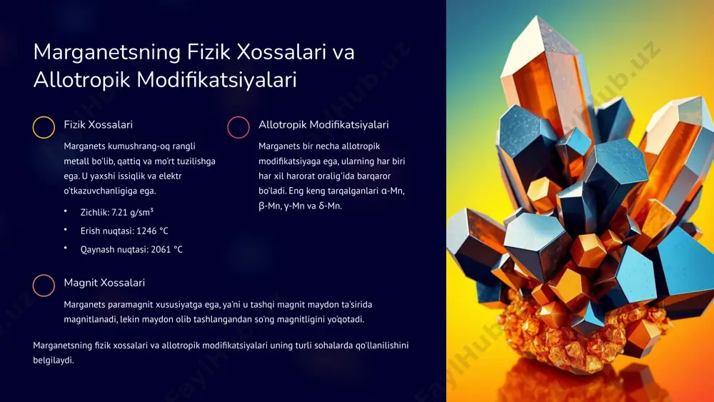 ator fermentlarning faolligini ta'minlaydi, suyak shakllanishida ishtirok etadi va metabolizm jarayonlarida muhim rol o'ynaydi. 8 marganets yetishmasligi va ortiqcha bo'lishining oqibatlari yetishmasligi marganets yetishmasligi suyak o'sishining sekinlashishiga, metabolizmning buzilishiga va reproduktiv funktsiyalarning pasayishiga olib kelishi mumkin. suyak o'sishining sekinlashishi metabolizmning buzilishi reproduktiv funktsiyalarning pasayishi ortiqcha bo'lishi marganetsning ortiqcha bo'lishi nerv tizimining buzilishiga, parkinson kasalligiga o'xshash alomatlarga va boshqa salbiy oqibatlarga olib kelishi mumkin. nerv tizimining buzilishi parkinson kasalligiga o'xshash alomatlar boshqa salbiy oqibatlar marganetsning yetishmasligi ham, ortiqcha bo'lishi ham organizm uchun salbiy oqibatlarga olib kelishi mumkin. shuning uchun marganetsning muvozanatli miqdorini saqlash muhim. 9 xulosa va qo'shimcha ma'lumotlar xulosa marganets - muhim element bo'lib, uning xossalari va birikmalari turli sohalarda keng qo'llaniladi. uning biologik ahamiyati va organizmdagi roli ham muhim. qo'shimcha ma'lumotlar marganets - muhim element bo'lib, uning xossalari va birikmalari turli sohalarda keng qo'llaniladi. uning biologik ahamiyati va organizmdagi roli ham muhim. ushbu taqdimot sizga marganets guruhi elementlari haqida …