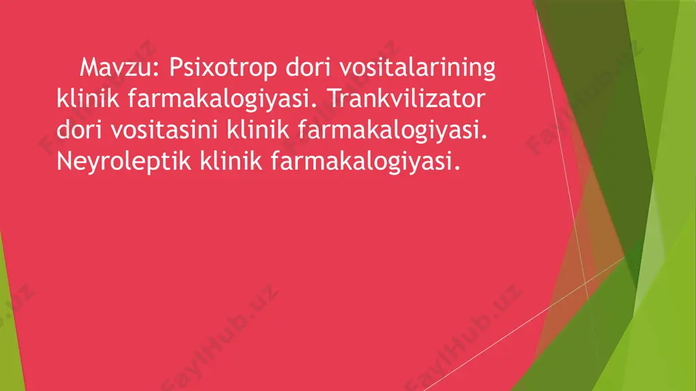 ibidoni yuqori -erkaklarda libidoni past, ginekomastiya, impotensiya -stg, aktg, adg, oksitoksin miqdorlari past -melanostimullovchi gormon miqdori yuqori -ishtaxa va tana vazni oshadi -allergiyaga qarshi neyroleptiklarning nojo’ya tasirlari. - ekstrapiramid buzilishlar (parkinsoizm ) - kollaptoid reaksiya -jinsiy azolar funksiyasini buzilishi -m-xolinolitik tasir (og’iz qurishi, midriaz,siydik ajralishini pasayishi, qabziyat ) -gepatotoksik -allergik reaksiyalar (toshma, gemoliz, agranulotsitoz ) -shox parda va gavxarning xiralashishi -neyrolepticheskiy sindrom (gipertermiya)-aritmiya, koma trankvilizatorlar – emotsional taranglikni, xayajonlanishni, qo’rquvni (fobiya ), nevrozlarni bartaraf etuvchi psixotrop moddalar. trankvilizatorlar klassifikatsiyasi. 1.benzodiazepin retseptorlarini agonistlari : xlordiazepoksid, diazepam, fenazepam, nozepam, lorazepam, bromazepam, mezapam 2.serotonin retseptorlarini agonistlari: buspiron 3. turlicha turdagi moddalar :amizil, mebikar, grandaksin, litonit, fenibut.