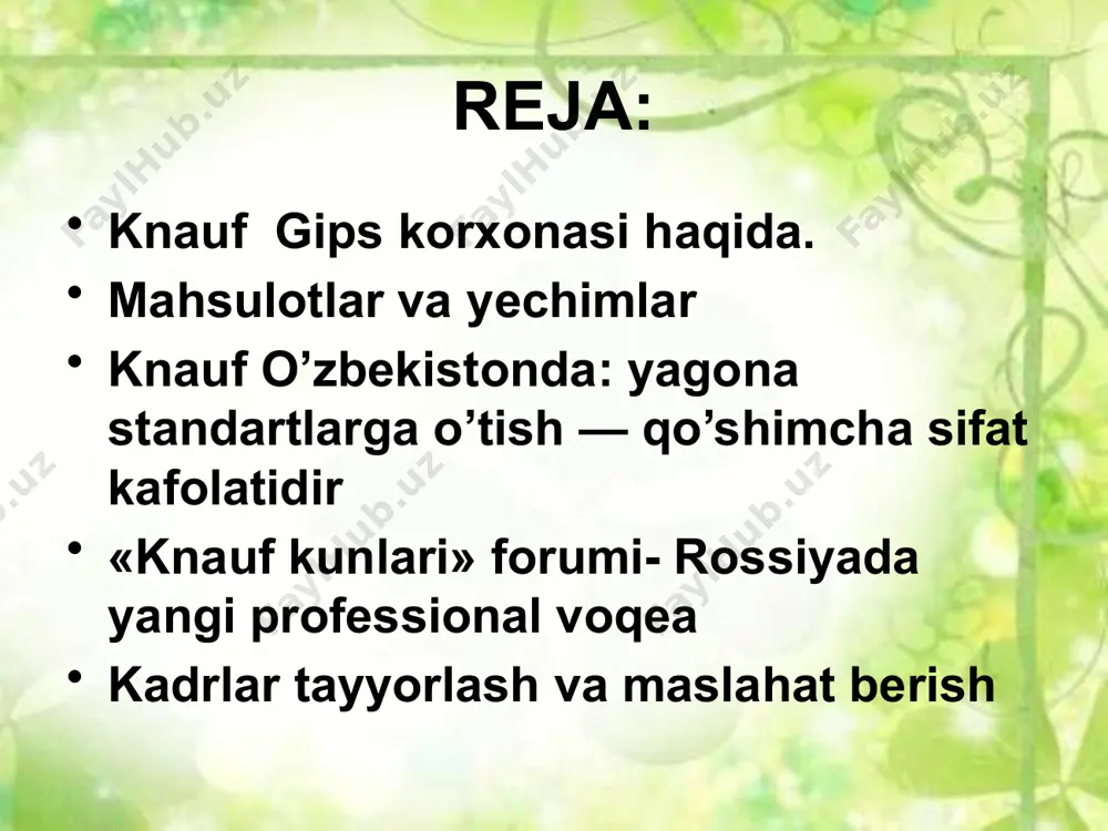 yirik investitsion loyihasi sp oao “buxorogips” korxonasidagi gipsli quruq qurilish aralashmalarini ishlab chiqarishdan boshlagan. knaufning oaj “buxorogips” xalqaro guruhining gipsli va nomi ulug` zavodlar, shu bilan birga mramorli, gipsli grafitli va nomi ulug` karerlarni sotib olish mobaynida bu majmua kasodning so’nggi pallasida turgan edi. ishlab chiqarishning oldingi rentabelini tiklash maqsadida o’zbekiston respublikasi hukumati tomonidan korxona zamonaviy texnologiyalarni texnik sotish va sotib olish bo’yicha davlat aktsiyalar paketini qo’lga kiritish bo’yicha ochiq xalqaro konkursini e’lon qiladi. ishlab chiqarish quvvatiga ega bo’lgan kompaniya barcha davlatlardagi knauf firmasining mavqeini hisobga olgan holda va shu bilan birga qurilish materiallari bozorida oldinda yuruvchilar qatorida tendor komsissiyasi faqat knauf firmasini g`olib deb tayinladi va ularga tekshiruv paket aktsiyasi sotildi. akstionerlarning umumiy yig`ilishdagi qarori bilan 21 yanvar 2006 yilda oaj “buxorgips” ochiq akstionerlik jamiyatning firmasi “buxoro gips” o’zbek-germaniya birlashgan korxonasi deb o’zgartirildi. knauf ishchilari oldidagi qarzini va ichki kreditor qarzlarini to’ladi hamda ishlab chiqarishni yangilash va aktivlash bo’yicha …