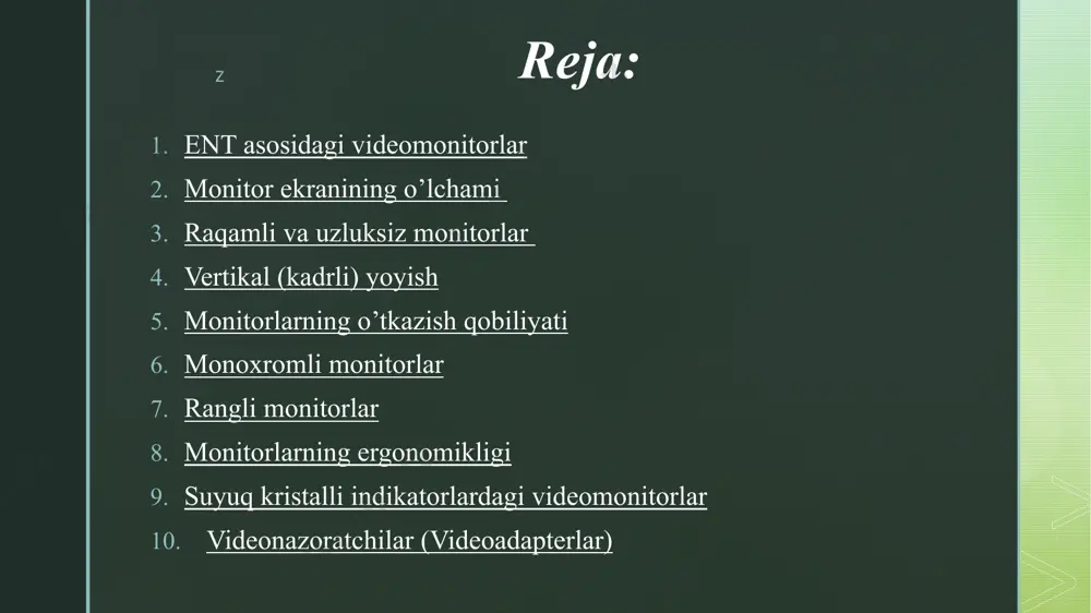 va rangli tuslar bilan o’ta yuqori sifatli standartlarda shakllantirish imkonini beradi (masalan, raqamli monitorlarda 16,7 mln rangli tuslarni qo’llovchi true color standarti shinalarning katta razryadi kerakligi uchun hozircha ishlatilmayapti). z 9.4. vertikal (kadrli) yoyish monitorning muhim tavsifi uning kadrli yoyishining chastotasidir. ekranda 25 gts chastotali tasvirlar (kadrlar) almashinishi ko’z bilan uzluksiz harakat kabi qabul qilinadi, lekin bunda ko’z ekranning miltillashidan tez charchaydi. tasvirning yuqori turgunligini ta’minlash va ko’z charchashini kamaytirish uchun zamonaviy yuqori sifatli monitorlarda kadrlarni almashish chastotasi 70-75 gts dan past bo’lmagan holda ushlab tug’iladi; bunda satrli yoyish chastotasi 40-50 kgc kattalikka erishadi va videosignallarni yaxshi chastota polosasi ta’minlanadi tasvirning turg’unligiga erishish uchun kadrli yoyish chastotasi kattaligining o’zi ham videonazoratchi bilan moslashtirilishi lozim. bu jihatdan barcha monitorlarni 3 guruhga bo’lish mumkin: qayd qilingan chastotali monitorlar bir nechta qayd qilingan chastotali monitorlar multichastotali monitorlar z • qayd qilingan chastotali monitorlar, ular faqat bir tasvirlash rejimini tutib turadi; • bir nechta …