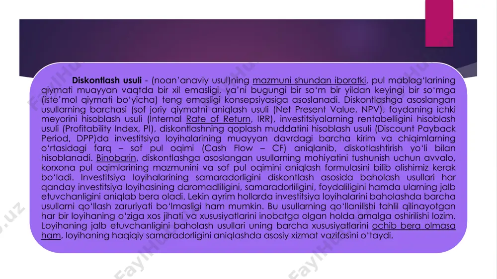 investitsiya xavfi va investitsiyaning muddati. yuqori investitsiya va yuqori xavf darajasi yuqori diskont stavka bilan bog’liq. investitsiyaning muddati qancha uzoq bo’lsa, diskont stavka shuncha yuqori bo’ladi. xulosa demak ko’rinib turibdiki, loyihaning samaradorligi ko'rsatkichlarini to'g'ri taqqoslash uchun ular diskontlash yo'li bilan taqqoslanadigan shaklga keltiriladi, bu erda ta'kidlanganidek, hisobga olish ko'rsatkichlarni taqqoslashni ta'minlaydigan bazaviy davrga olib kelishni anglatadi. buning uchun aniq diskontlangan daromaddan, hisob-kitob davri uchun to'plangan diskontlangan samaradan foydalaniladi. foydalanilgan adabiyotlar internet ma’lumotlari:  https://soff.uz/  https://arxiv.uz/uz  https://ya.ru/search/ https://soff.uz/ https://soff.uz/ https://arxiv.uz/uz e’tiboringiz uchun raxmat