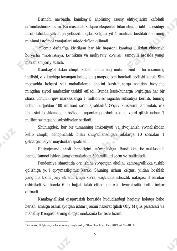 urokratik tartib bekor qilinadi. kambag‘allikni qisqartirish borasida hududlardagi haqiqiy holatga baho berish, amalga oshirilayotgan ishlar ijrosini nazorat qilish oliy majlis palatalari va mahalliy kengashlarning diqqat markazida bo‘lishi lozim. 3xamidov, b. ijtimoiy soha va uning rivojlanish yo‘llari. tashkent: fan, 2019 yil. 98–105 b. 6 kurs ishining maqsadi: aholi daromadlarining shakllanish manbalari, ularning tuzilishi va o‘sishiga ta’sir etuvchi omillarni tahlil qilish, shuningdek, davlat tomonidan olib borilayotgan ijtimoiy siyosatning mazmun-mohiyatini, uning aholining turmush darajasini oshirishdagi rolini chuqur o‘rganishdan iboratdir. kurs ishida aholining real daromadlari dinamikasi, ularning hududlar bo‘yicha farqlari, daromadlar tengsizligi, kambag‘allik darajasi va uni qisqartirish bo‘yicha ko‘rilayotgan chora-tadbirlar ilmiy jihatdan tahlil qilinadi. shu bilan birga, ijtimoiy himoya tizimining samaradorligi, aholi bandligini ta’minlashga qaratilgan davlat dasturlari va ularning amaliy natijalari ham o‘rganiladi. mazkur ish orqali davlatning ijtimoiy siyosatini takomillashtirish bo‘yicha taklif va tavsiyalar ishlab chiqish ko‘zda tutilgan. kurs ishining vazifalari: 1. aholi daromadlari tushunchasi, ularning shakllanish manbalari va iqtisodiy ahamiyatini nazariy jihatdan o‘rganish. …