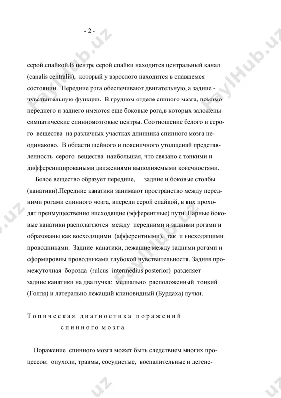 ыми конечностями. белое вещество образует передние, задние и боковые столбы (канатики).передние канатики занимают пространство между перед- ними рогами спинного мозга, впереди серой спайкой, в них прохо- дят преимущественно нисходящие (эфферентные) пути. парные боко- вые канатики располагаются между передними и задними рогами и образованы как восходящими (афферентными), так и нисходящими проводниками. задние канатики, лежащие между задними рогами и сформировны проводниками глубокой чувствительности. задняя про- межуточная борозда (sulcus intermedius posterior) разделяет задние канатики на два пучка: медиально расположенный тонкий (голля) и латерально лежащий клиновидный (бурдаха) пучки. т о п и ч е с к а я д и а г н о с т и к а п о р а ж е н и й с п и н н о г о м о з г а. поражение спинного мозга может быть следствием многих про- цессов: опухоли, травмы, сосудистые, воспалительные и дегене- ративные процессы. в топической диагностике спинальных процес- сов …