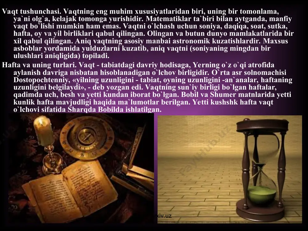 yupiter va saturn aylanadi, deb hisoblaganlar. haftalarga sayyoralarning nomi berilgan. bu nomlarni rimliklardan so`ngra, g`arbiy yevropa xalqlari ham ko`llashgan. lotincha, fransuzcha va inglizchada ularning ko`rinish-larini kuyidagi jadvalda ko`rish mumkin. www.arxiv.uz www.arxiv.uz hafta kunlarining nomlanishining astronomik ifodasi oy (dushanba) venera (juma) mars (seshanba) saturn (shanba) merkuriy (chorshanba) quyosh (yakshanba) yupiter (payshanba) qadimda sayyoralarning nomi soatlarga ham berilgan. bir haftada 168 soat (24x7) bo`lgan. shanbaning birinchi soatini (shuningdek, 8, 15, 22 soatlarini) 23 soatini yupiter, 24 soatini mars boshqargan. yetti kunlik hafta g`arbda imperator avgust davrida keng tarkaldi. miloddan avvalgi 321 yilda konstantin «hamma fuqarolar quyosh kuni dam olsin»,- deb farmon berdi. www.arxiv.uz www.arxiv.uz slavyanlarda ham yetti kunlik hafta bo`lib yakshanba «nedeley», ya`ni «hech narsa qilma», «ishlamaydigan kun» - deyilgan. dushanba - «ponedelnik» -«nedeley»dan keyingi kun, vtornik seshanba) - «nedeli»dan so`nggi ikkinchi, sreda (chorshanba) - nedeli (haftaning o`rtasi), «chetverg», «pyatnitsa»-to`rtinchi va beshinchi kun deb ataladi. «subbota»- sabbat (shabat)-ya`ni dam olish so`zidan olingan. …
