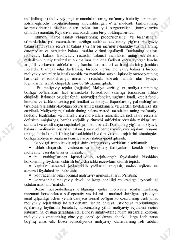 sabatlar) hisoblanadi. konkret pul fondlari mablag‘larining harakati yagona tizimga birlashtirilgan tegishli moliyaviy rejalarda ifodalanadi va mustahkamlanadi. moliyaviy rejalar tizimining markazini byudjet rejasi egallaydiki, unda byudjet fondining harakati, daromadlar va harajatlarni shakllantirish va ulardan foydalanishning shakllari va metodlari, daromad va harajatlarning tarkibiy tuzilishi va tuzilmasi o‘zining miqdoriy ifodasini topadi. moliyaviy rejalashtirishning umumdavlat va hududiy darajalariga istiqboldagi (istiqbol uchun mo‘ljallangan) moliyaviy rejalar, moliyaviy balanslar va shuningdek, aholi daromadlari va harajatlari harakatining balansini ishlab chiqish va amalga oshirishlar kiradi. istiqboldagi (istiqbol uchun mo‘ljallangan) moliyaviy rejalashtirish iqtisodiy va sotsial taraqqiyot hamda moliyaviy siyosatni muvofiqlashtirishni (koordinatsiya qilishni) ta’minlash, shuningdek ishlab chiqiladigan islohotlar, dasturlar va qonunlarning moliyaviy oqibatlarini kompleks tarzda bashoratlash, uzoq muddatli salbiy tendensiyalarni kuzatish va ularga nisbatan tegishli choralarni o‘z vaqtida qabul qilish maqsadlarida amalga oshiriladi. odatda, istiqboldagi (istiqbol uchun mo‘ljallangan) moliyaviy rejalar navbatdagi uch yil uchun ishlab chiqilib, uning birinchi yili uchun byudjet tuziladi, navbatdagi ikki yil reja davri hisoblanib, ular davomida e’lon …