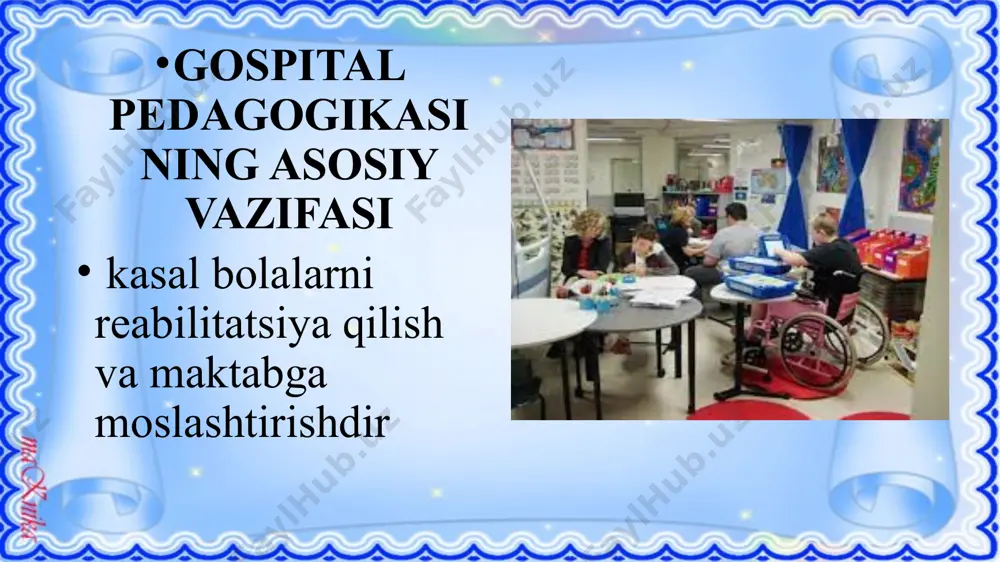 tamoyillari: 1. har bir kasal bolaga individual yondashish. 2. shaxsning psixologika xususiyatlarini hisobga olish. 3. kasal bolani o'qitish jarayonida har tomonlama yordam berish. 4. samarali reabilitatsiya qilish maqsadida tibbiy-psixologik va pedagogik korreksiya o`tkazish. terapevtik pedagogikaning tamoyillari: • ko`tarinki kayfiyat bilan davolash; • bolalar salomatligiga ruhiy omillarning ta'sirini hisobga olish; •individual yondashuv; • dam olish bilan uyg'unlashgan kuchli faoliyat printsipi; • tibbiyot va pedagogik kadrlar ishining birligi xushmuomalalik bilan muomalada bo`lish. 1. do'stona bolalar jamoasi tengdoshlar bilan muloqot qilish quvonchini keltiradi. 2. faol rejimni saqlash, o'yinlar, o'yin-kulgilar va bayramlar bilan to'ldirilgan bo'sh vaqtni tashkil qilish. darsda jismoniy mashqlar va tanaffuslarda faol o'yinlarda o'tkazish. 8-mart, "abc bilan xayrlashish" va hokazo bayramlarga tayyorgarlik ko'rish. 3. har tomonlama estetik tarbiyani amalga oshirish. estetik terapiya hududni va interyerni obodonlashtirish va badiiy dizaynni o'z ichiga oladi. go'zallik xulq-atvorda ham, odamlar o'rtasidagi munosabatlarda ham namoyon bo'ladi. terapevtik ta'sir bilan birga estetika axloqiy xarakterni shakllantiradi. men shogirdlarimning e'tiborini …