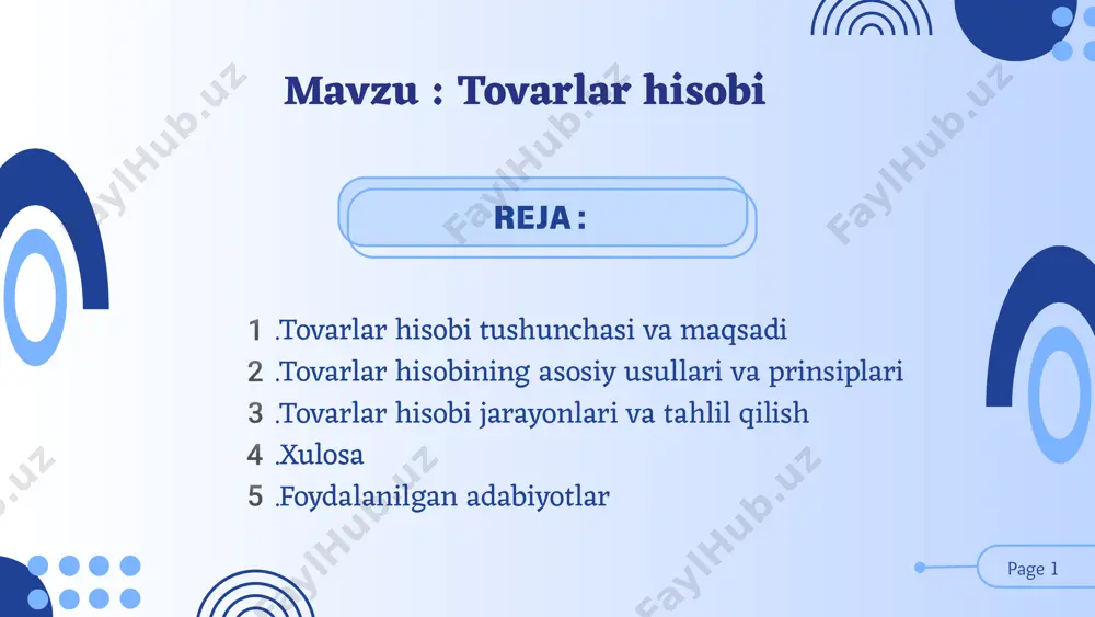 ha kelgan tovarlar uchun o‘rtacha narxlar asosida hisob yuritiladi. kichik o‘zgarishlarga ega bo‘lgan tovarlar uchun samarali hisoblanadi. fifo va lifo usullariga qaraganda oddiyroq va doimiyligini saqlaydi. page 10 kirimlar chiqimlar omborda movjud qoldiq inventarizatsiya tovarlar hisobi jarayonlari rentabellik tahlili: qaysi tovarlarning korxona uchun foydali yoki zararli ekanligini aniqlaydi. foyda marjasini ko‘rsatish va qaysi mahsulot yoki materialga talab yuqoriligini tahlil qilish imkonini beradi. zahira optimallashtirish: ombor va savdo nuqtalarida mavjud zahirani doimiy yangilab borish orqali ishlab chiqarish va savdoni uzluksiz qilish uchun kerakli miqdorni saqlash. ombor o‘rnidan samarali foydalanish, zahirani ortiqcha yoki yetishmaydigan holatlardan qochish. page 8 tovarlar hisobi jarayonlari va tahlil qilish sotish va xarid qilish dinamikasi tahlili: ma’lum davrlardagi savdo va xarid o‘zgarishini tahlil qilib, qaysi davrda ko‘proq talab bo‘lishini aniqlash. xarid qilishni rejalashtirishda mavsumiylik, mijozlar talabi va narx o‘zgarishlarini hisobga olish imkonini beradi. qoldiqlarni to‘g‘ri boshqarish: ombordagi qoldiqlar miqdorini nazorat qilish orqali yo‘qotish, buzilish yoki muddati o‘tgan tovarlarni …
