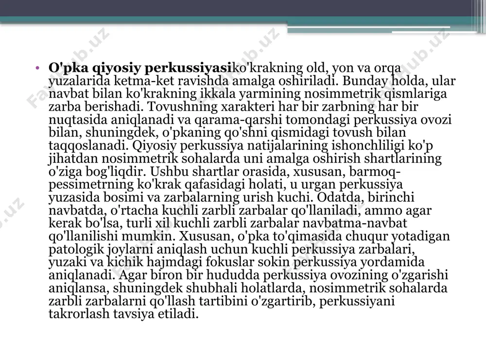 g yallig'lanish infiltratsiyasi hududida fokal pnevmoniya bilan perkussiya tovushining qisqarishi yoki xiralashishi aniqlanadi, krupli pnevmoniyada esa zerikarli perkussiya ovozi o'pkaning havosiz va zich bo'lagi ustidan aniqlanadi. image2.jpeg image3.jpeg image4.jpeg image5.jpeg