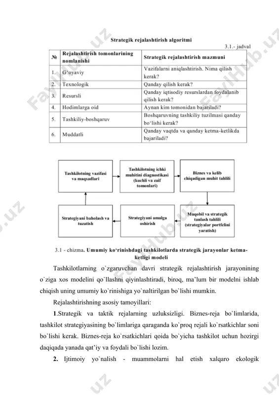 an’analarni hisobga olishi lozim: · reja ishlab chiqish muddatlarini qisqartirish; · zamonaviy maqbullashtirish usullari va marketing konsepsiyasini joriy qilish; - qabul qilinadigan rejalashtirish tamoyillarining sonini ko`paytirish hisobiga reja sifatini oshirish. rejaning sifati – rejani amalga oshirish jarayonida qo`lga kiritilgan, mustahkam haqiqiy qiymatidan, eng kam o`zgarishni ta’minlovchi ilmiy yondashuv va tamoyillariga javob beradigan uning parametrlarining yig`indisidir. rejaning sifatini oshirishning asosiy usullari quyidagilar hisoblanadi: · menejmentga ilmiy yondashuvlar; · qat’iy rejalashtirish tamoyillari; · rejalashtirishning yuqori sifatli axborot va uslubiy jihatdan ta’minlanishi; · rejani ishlab chiquvchilar uchun samarali rag`batlar. rejalashtirishda mutaxassislar quyidagi yondashuvlarni qo`llashni tavsiya etadilar: 1. tizimli - rejalashtirilgan ko`rsatkichlarni tuzish, maqsadlar daraxtini barpo etish, rejalashtirilayotgan ko`rsatkichlar tizimini sintez va analizi uchun ierarxiya darajasining sonini aniqlash, ushbu ko`rsatkichlar omillariga atrof-muhitning va ko`z ilg`amas omillarning ta’sirini o`rganish, tashqi muhitga moslashuvchanlikni tahlil qilish, rejalarning standartliligi va yangiliklarga moyilligi kabilardir. 2. tuzilmaviy - iqtisodiy resurslarning taqsimlanishini asoslash bo`yicha. · maqsadlar daraxti tomonlari; · rejaning bo`limlari; …