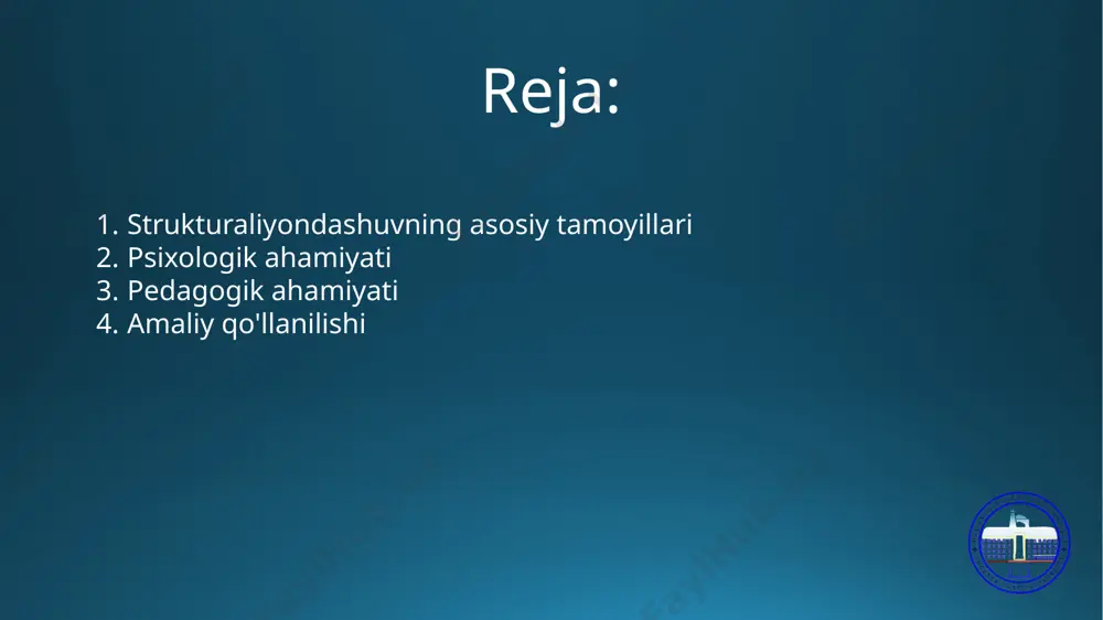 mumkin. bu yondashuv orqali hissiyotlarning qanday shakllanishi va ularning xulq-atvorga ta'siri o'rganiladi. • rivojlanish jarayonlari: kenbergning yondashuvi rivojlanish jarayonlarini ham o'rganadi. insonning psixologik rivojlanishi vaqt o'tishi bilan qanday o'zgarishini tushunishga yordam beradi. • ta'lim jarayonlari: strukturaliyondashuv ta'lim jarayonlarini yanada samarali tashkil etishga imkon beradi. ta'limda individual yondashuvlarni hisobga olish va talabalarning o'zaro ta'sirini kuchaytirish uchun zamonaviy metodlarni ishlab chiqish mumkin. 3. pedagogik ahamiyati kenbergning strukturaliyondashuvi pedagogika sohasida ham muhim ahamiyatga ega: • ta'lim metodlari: kenbergning yondashuvi ta'lim metodlarini yangilashda yordam beradi. tizimli yondashuv orqali ta'lim jarayonini yanada samarali qilish mumkin. • talabalar bilan ishlash: strukturaliyondashuv talabalar bilan ishlashda individual yondashuvni ta'minlaydi. har bir talabaning shaxsiy xususiyatlarini hisobga olish, ularning o'qish jarayonida muvaffaqiyatini oshirishga yordam beradi. • ijtimoiy interaktsiya: kenbergning yondashuvi ijtimoiy interaktsiyalarni yaxshilashga yordam beradi. talabalar o'rtasidagi munosabatlarni kuchaytirish, ularning ijtimoiy ko'nikmalarini rivojlantirishga imkon yaratadi. 4. amaliy qo'llanilishi kenbergning strukturaliyondashuvi zamonaviy psixologiya va pedagogikada quyidagi sohalarda amaliy qo'llaniladi: • psixologik …