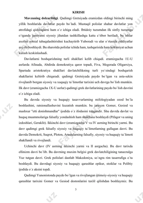 dir. shu davrda davlat va huquq muammolariga falsafiy yondashish ham shakllana boshlaydi (pifagor va uning izdoshlari, geraklit). ikkinchi davr (eramizgacha v va iv asrning birinchi yarmi. bu davr qadimgi grek falsafiy siyosiy va huquqiy ta`limotlarning gullagan davri. bu davrda demokrit, suqrot, ploton, arastularning falsafiy, siyosiy va huquqiy ta`limoti shakllandi va rivojlandi. uchinchi davr (iv asrning ikkinchi yarmi va ii asrgacha). bu davr tarixda ellinizm davri bo`lib. bu davrning muxim belgisi grek davlatchiligining tanazzulga yuz tutgan davri. grek polislari dastlab makedoniya, so`ngra rim tasarrufiga o`ta boshlaydi. bu davrdagi siyosiy va huquqiy qarashlar epikur, stoiklar va polibiy ijodida o`z aksini topdi. qadimgi yunonistonda paydo bo`lgan va rivojlangan ijtimoiy-siyosiy va huquqiy qarashlar tarixini gomer va gesiod dostonlarini taxlil qilishdan boshlaymiz. bu buyuk shaxslar yaratgan dostonlarda jamiyatda paydo bo`lgan ijtimoiy muammolar xudolar obrazlari orqali izchil ta`svirlagandir. adolat, qonunchilik va polis hayotiga oid boshqa tushunchalarning moxiyati, yo`nalishlari va shakllanishi eng avvlo zevsning faoliyati bilan bog`lanadi. …
