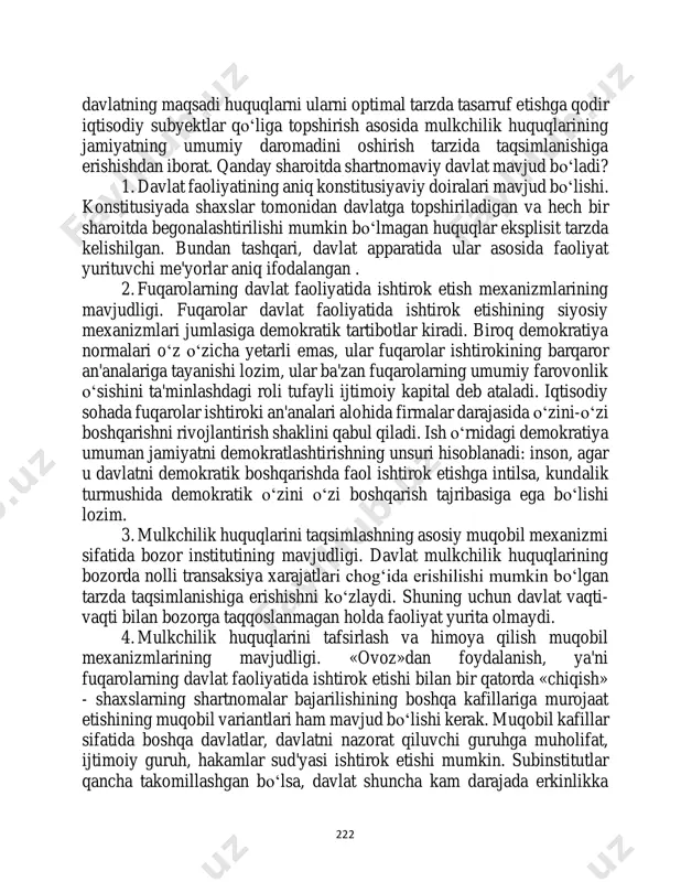 rish tarzida taqsimlanishiga erishishdan iborat. qanday sharoitda shartnomaviy davlat mavjud bo‘ladi? 1. davlat faoliyatining aniq konstitusiyaviy doiralari mavjud bo‘lishi. konstitusiyada shaxslar tomonidan davlatga topshiriladigan va hech bir sharoitda begonalashtirilishi mumkin bo‘lmagan huquqlar eksplisit tarzda kelishilgan. bundan tashqari, davlat apparatida ular asosida faoliyat yurituvchi me'yorlar aniq ifodalangan . 2. fuqarolarning davlat faoliyatida ishtirok etish mexanizmlarining mavjudligi. fuqarolar davlat faoliyatida ishtirok etishining siyosiy mexanizmlari jumlasiga demokratik tartibotlar kiradi. biroq demokratiya normalari o‘z o‘zicha yetarli emas, ular fuqarolar ishtirokining barqaror an'analariga tayanishi lozim, ular ba'zan fuqarolarning umumiy farovonlik o‘sishini ta'minlashdagi roli tufayli ijtimoiy kapital deb ataladi. iqtisodiy sohada fuqarolar ishtiroki an'analari alohida firmalar darajasida o‘zini-o‘zi boshqarishni rivojlantirish shaklini qabul qiladi. ish o‘rnidagi demokratiya umuman jamiyatni demokratlashtirishning unsuri hisoblanadi: inson, agar u davlatni demokratik boshqarishda faol ishtirok etishga intilsa, kundalik turmushida demokratik o‘zini o‘zi boshqarish tajribasiga ega bo‘lishi lozim. 3. mulkchilik huquqlarini taqsimlashning asosiy muqobil mexanizmi sifatida bozor institutining mavjudligi. davlat mulkchilik huquqlarining bozorda …