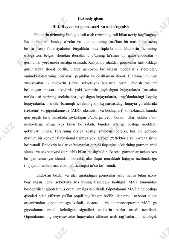 zo yoki toʼqima-nishonlarga taʼsir qiluvchi bir qator periferik endokrin bezlar gormonlarning sintezi va sekretsiyasiga taʼsir koʼrsatadi. ushbu oʼzaro hamkorlikdagi taʼsir tizimning barcha pogʼonalari oʼzaro qaytar aloqa tizimi bilan bogʼlangan. undan tashqari, turli gormonlar mаt boʼlimlarining funktsiyasiga ham taʼsir koʼrsatishi maʼlum. endokrin bezlar funktsiyasini boshqarishda simpatik va parasimpatik asab toʼqimalarining mediatorlari muhim rol oʼynaydi, yaʼni ichki sekretsiya bezlari faoliyati ustidan ikki tomonlama nazorat mavjud. lekin, endokrin bezlarining hammasi ham gipofiz gormonlarning taʼsiri ostida boshqarilmaydi. masalan, qalqonsimon bez old bezlari, meʼda osti bezlari va boshqa bezlar antogonist-gormonlar miqdorining taʼsiri hisobiga, hamda miqdori shu gormonlar tomonidan boshqariladigan metabolitlarning (moddalar) kontsentratsiyasini oʼzgartirish yoʼli bilan boshqariladi. qon bosimini ikki yo`l bilan aniqlash mumkin. 1) bevosita hayvonlarda tajriba o`tkazish paytida 2) bilvosita odamlarda qon bosimni aniqlash orqali. tajribalar shuni ko`rsatadiki itning uyqu arteriyasidagi qon bosim odatda 100-120 mm o`rniga 200-250mm simob ust.ga teng. bu tajribani itning ajratib olingan karotid sinusida bosim ko`tarilishining arteriyal bosimga tasirini m …