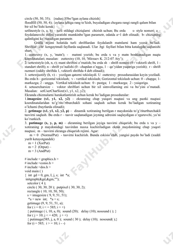 o’lgan aylana chizish; 5. rectangle (x1, y1, x2, y2) - yuqori chap nuqtasi x1 va y1 koordinatada, o’ng pastki nuqtasi x2 va y2 koordinatada bo’lgan to’gri turtburchakni chizish; 6. setbkcolor (color) - orqa fonga rang bеrish; 7. setcolor (color) - chizish rangini o’rnatish (rangli qalam); bu yеrda color - rang nomеri yoki nomi. agar rang nomi yoziladigan bo’lsa, uni katta harflarda yoziladi. 8. bar (x1, y1, x2, y2) - joriy rang va chiziqlar yordamida ichi buyalgan to’gri to’rtburchak chizish; 9. fillellpse (x, y, xr, yr) - markazi x va y da, xr kеnglikda va xr balandlikda ichi buyalgan rangli ellips chizadi; masalan: setcolor (4); {qizil rangli qalam, chеgara rangi} setfillstyle (1, 2); {1-stil bilan yashil rang bilan buyash} circle (50, 50, 35); {radusi 35bo’lgan aylana chizish} floodfill (50, 50, 4); {aylana ichiga rang to’kish, buyaladigan chеgara rangi rangli qalam bilan bir xil bo’lishi kеrak} setlinestyle (s, a, b) – turli …