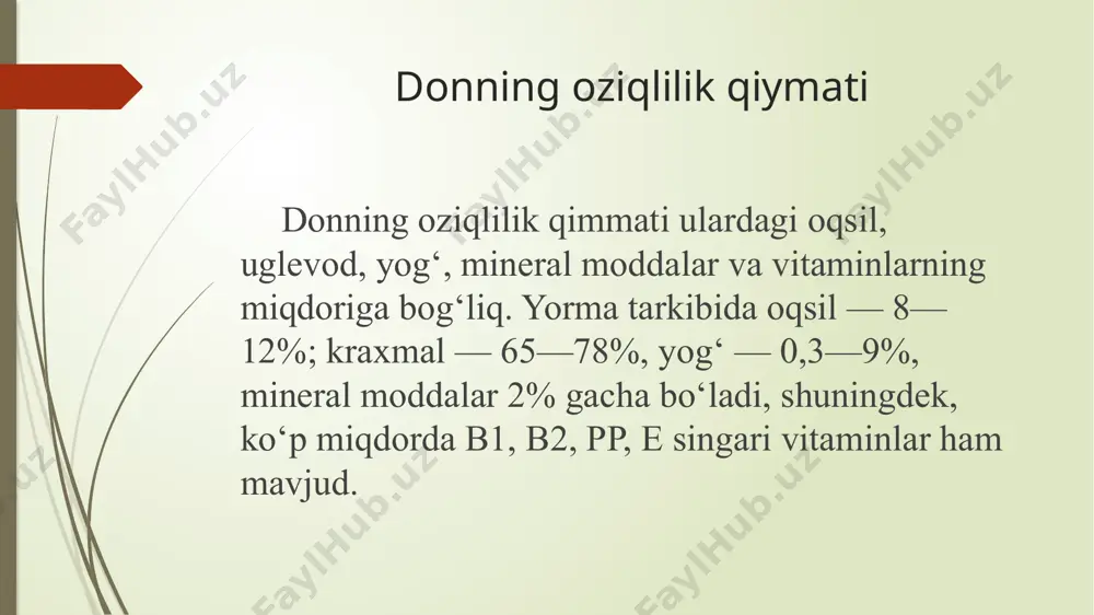 g’orlaydi va ishdan chiqadi. chaynab ko’rilganda g’ichirlagan (kumli), ombor zararkunandalari tekkan, mog’orlagan, achqimtir, yot narsalar aralashgan unlar savdoga chiqarilmaydi. barcha navdagi unlar yangi yoki avval ishlatilgan, ammo toza, pishiq, ombor zararkunandalari tegmagan qoplarga joylanadi. un kamida iii kategoriyadagi va sig„imi 70-80 kg lik qoplarga solinishi lozim. un toza, quruq, yorug’ yaxshi shamollatiladigan omborlarda saqlanadi. unlarni saqlash unli qoplar tovar qo’ygichlarda saqlanishi lozim. shtabel (tax) larning balandligi, yil fasliga qarab, 8-14 qopdan oshmasligi kerak. shtabellar orasi bilan tashqi devorlar orasidagi masofa kamida 0,75 m keladigan qilib joylashtiriladi, shtabellar orasidagi yo’l esa kamida 0,5 m bo„lishi lozim. un 0 dan 10°c haroratda ham, minus haroratda ham saqlanishi mumkin. un uzoq saqlanadigan binodagi havoning nisbiy namligi 50-60%, kiska muddat saqlansa, 65-75% bo„lishi lozim. un uchun tabiiy kamayish rayonning qaerda joylashganligi va yil fasliga qarab 0,25-0,30% ni tashkil etadi. e’tiboringiz uchun raxmat!!! image1.jpg image2.jpg image3.jpg image4.jpg image5.jpg image6.jpg image7.jpg /docprops/thumbnail.jpeg