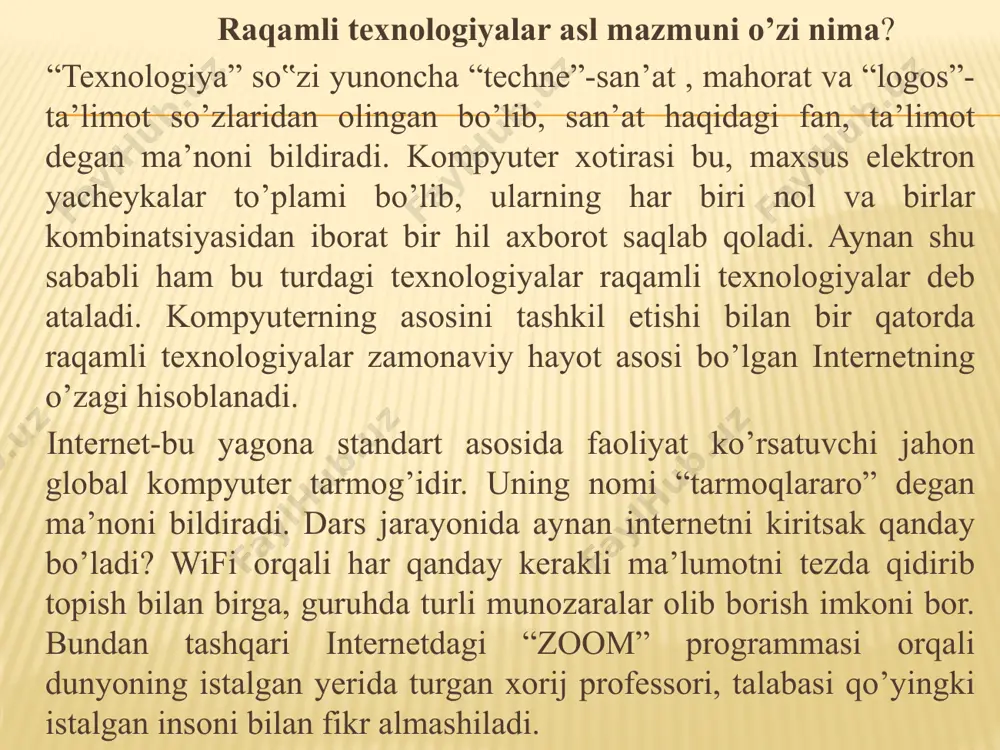 ayta ishlash, ular birgalikda masofali o’qitish texnologiyalarini tashkil etadi. vaqt o’tib raqamli texnologiyalar rivojlanib borib to hozirgi holatga yetib keldi. bunday bir vaziyatda raqamli texnologiyalar hayotimizning ajralmas bir bo’lagi bo’lib qoldi. ta’limda kompyuter texnologiyasini qo’llash quyidagilar amalga oshirishga imkon beradi: talaba-yoshlarni bilim olishini faollashtiradi; * o’qitishning mazmunini boyitadi, bilim olishni shaxsiylashtiradi; * talabalarning bilimlarini modellashtirishga va mustaqillikka o’rgatadi; * har qanday o’quv vositalaridan kompleks foydalanishga ko’niktiradi; * kompyuter yordami bilan o’z bilimlarini tekshirishga, yo’l qo’ygan xatolarni aniqlashga va ularni yo’qotish yo’llarini qidirishga o’rgatadi va boshqalar. dunyo tajribasi shuni ko’rsatadiki qaysi mamlakat ta’limga katta e’tibor bersa, unda albatta iqtisodiy yuksalish shunchalik ko’p bo’ladi. ta’lim jarayoniga ilg‘or axborot-kommunikatsiya texnologiyalarini joriy etish talabalar va o‘qituvchilarni intellektual rivojlantirish hamda jamiyatimizni ijtimoiy-iqtisodiy taraqqiy ettirishning muhim vazifasidir. shu bois ta’lim sohasiga axborot-kommunikatsiya texnologiyalarning kirib kelishi yangi o‘zgarishlardan foydalanishni taqazo etadi. ta’lim jarayoniga yangi axborot texnologiyalarini kiritish zarurdir. zamonaviy jamiyat axborot uzatish hajmi va tezligi jihatidan chegaralanmagan …