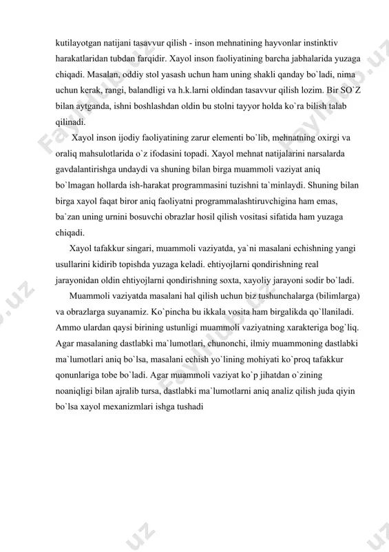 ntirishga undaydi va shuning bilan birga muammoli vaziyat aniq bo`lmagan hollarda ish-harakat programmasini tuzishni ta`minlaydi. shuning bilan birga xayol faqat biror aniq faoliyatni programmalashtiruvchigina ham emas, ba`zan uning urnini bosuvchi obrazlar hosil qilish vositasi sifatida ham yuzaga chiqadi. xayol tafakkur singari, muammoli vaziyatda, ya`ni masalani echishning yangi usullarini kidirib topishda yuzaga keladi. ehtiyojlarni qondirishning real jarayonidan oldin ehtiyojlarni qondirishning soxta, xayoliy jarayoni sodir bo`ladi. muammoli vaziyatda masalani hal qilish uchun biz tushunchalarga (bilimlarga) va obrazlarga suyanamiz. ko`pincha bu ikkala vosita ham birgalikda qo`llaniladi. ammo ulardan qaysi birining ustunligi muammoli vaziyatning xarakteriga bog`liq. agar masalaning dastlabki ma`lumotlari, chunonchi, ilmiy muammoning dastlabki ma`lumotlari aniq bo`lsa, masalani echish yo`lining mohiyati ko`proq tafakkur qonunlariga tobe bo`ladi. agar muammoli vaziyat ko`p jihatdan o`zining noaniqligi bilan ajralib tursa, dastlabki ma`lumotlarni aniq analiz qilish juda qiyin bo`lsa xayol mexanizmlari ishga tushadi xayol turlari xayol o`zining faolligi va aktivligi bilan xarakterlanadi. shu bilan birga xayol kishini faollikka undovchi …