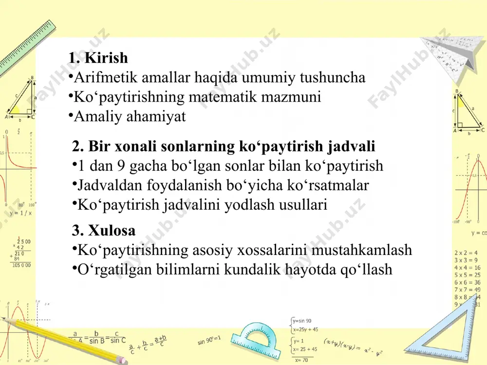 i (kommutativlik): a × b = b × a bu orqali ko‘paytiruvchilarning o‘rnini almashtirish mumkin. 🟢 birlashish xossasi (assotsiativlik): (a × b) × c = a × (b × c) misol: (2 × 3) × 4 = 6 × 4 = 24 2 × (3 × 4) = 2 × 12 = 24 🟢 1 ga ko‘paytirish xossasi: a × 1 = a masalan: 7 × 1 = 7 🟢 0 ga ko‘paytirish xossasi: a × 0 = 0 masalan: 9 × 0 = 0 misol natija 1 × 1 1 1 × 2 2 1 × 3 3 1 × 4 4 1 × 5 5 1 × 6 6 1 × 7 7 1 × 8 8 1 × 9 9 🧮 bir xonali sonlarning ko‘paytirish jadvali ✅ 1 ga ko‘paytirish jadvali misol: 1 × 6 = 6 → har bir qutida 1 dona olma, 6 quti – …