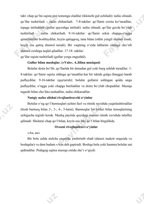 oladi (daraxt maketi orqasida va boshqalar) va dam badam «au» deb gapiradi. boshqa bola yoki hamma bolalar uni qidiradilar. pedagog uqitsa musiqa ostida she’r o‘qiydi: “alla-yo-alla...” –qanday tovushni eshitayapsan? (a). аllа - yooo - аllаааааааа “а” nima deydi? ajdod, avlodlar aromoni, amir, amaldor arkoni, anjir, anorning arzoni, aql-u adolat arqoni, ali, anvar, akmal, abror, men bilandir, ham men poydor. sh ye ’ r m a t n i «tovuqchalar va xo‘rozcha» «tovuqchalar» va «xo‘rozcha», xuddi qo‘noqdagiday zal devorlarining biri tagida cho‘qqayib o‘tiradilar. «xo‘rozcha» qanotlari-qo‘llarini silkitib uyidan chiqadi, zalning markazida to‘xtaydi (don topib oldi) va «tovuqchalarni» jarangdor qilib «qu-qa-ra-qu!» deb chaqiradi. «tovuqchalar» «qanotlarini» sho‘x silkitib oyoqlarini uchida «xo‘rozcha» yoniga chopib keladilar va uning atrofida yuguradilar, to‘xtab-to‘xtab don cho‘qishlarini ko‘rsatadilar. «xo‘rozcha» chetga chiqadi va yana tovuqchalarni chaqiradi. o‘yin qaytarilayotganida boshqa «xo‘rozcha» tanlab olinadi. «tovuqchalar»: sh ye ’ r m a t n i «xo‘roz» doirani aylanib chiqadi, to‘xtab gapiradi: sh ye ’ …