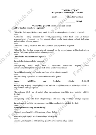 gidravlika fanidan testlar — DOCX