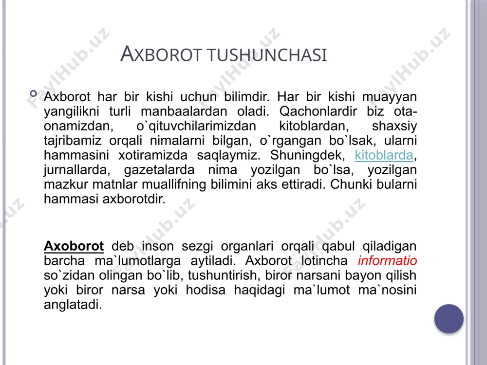lari yordamida, aloqa tarmog‘idan uzoq masofaga uzatish yordamida amalga oshiriladi. aloqa tarmog‘i bo‘yicha uzoq masofaga uzatish usulida ma'lumotlarni uzatish vaqtini sezilarli darajada kamaytiradi. axborotni ifodalash turlari axborotlar turli-tuman ko`rinishda bo`lib, ularni quyidagicha ifodalash mumkin: matnli axborot. grafikli axborot. tovushli axborot. videolavhali axborot. belgili axborot. raqamli axborot. axborotning ahamiyati informatika uchun axborotni qabul qilish, saqlash, unga ishlov berish va uzatishda axborot texnologiyalari vositalaridan qanday foydalanish kerakligi muammosi eng asosiy bo`lgani uchun, axborotlarni tasnifi ham o`ziga xosdir. jumladan, informatikada analog (uzluksiz) va raqamli (diskret) axborotlar ishlatiladi. inson sezgi a`zolari analog (uzluksiz) axborot bilan ish ko`rishga moslashgan bo`lsa, hisoblash texnikasi esa raqamli (diskret) axborot bilan ishlaydi. matеmatik olim axborotni yanada kеngroq tushunadi. u axborot qatoriga fikr yuritish orqali xulosa chiqarish natijasida hosil bo`lgan bilimlarni ham kiritadi. boshqa soha xodimlari ham axborotni o`zlaricha talqin etadilar. shunday qilib, turli sohalarda axborot turlicha tushunilar ekan. lеkin axborotlarning umumiy tomonlari ham borki, u ham bo`lsa bеshta muhim …