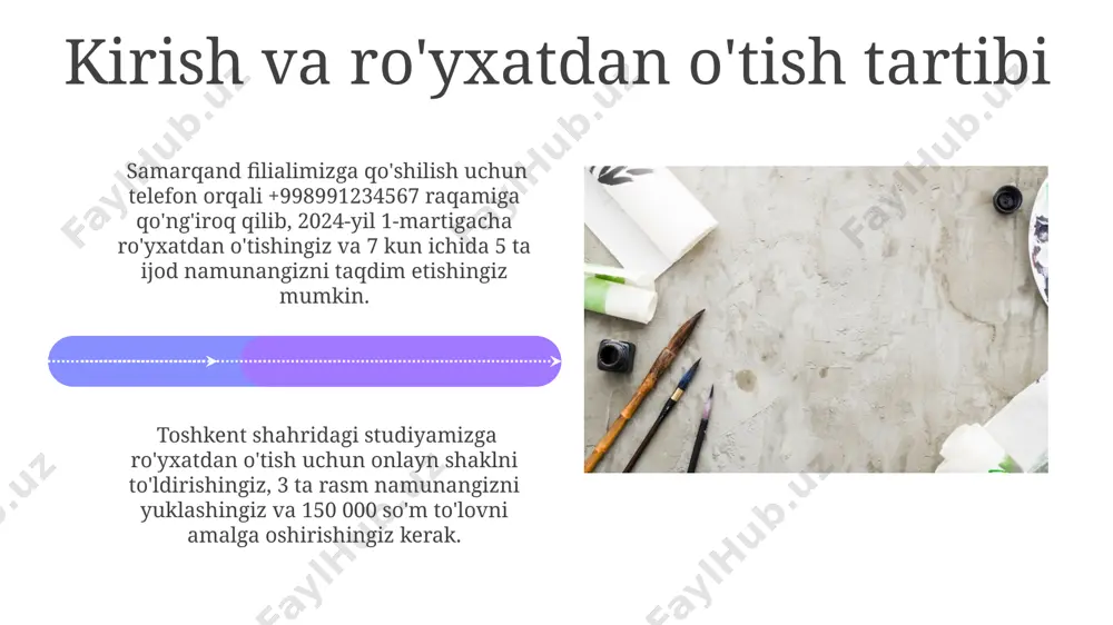 0 dan ortiq talaba qabul qilishni rejalashtirmoqda, bu esa studiyaning o'quv salohiyatini sezilarli darajada oshiradi. vizual san'at studiyasi haqida umumiy ma'lumot bizning studiyamiz zamonaviy uskunalar bilan jihozlangan bo'lib, talabalarga 3d modellashtirish, fotoshop va boshqa 15 dan ortiq dasturlarni o'rganish imkoniyatini beradi. studiyamizda turli xil vizual san'at turlari, jumladan, rasm, haykaltaroshlik, grafika va multimedia dizayni bo'yicha 20 dan ortiq kurs va master-klasslar taklif etiladi. bog'lanish uchun ma'lumotlar studiyamiz samarqand shahridagi 200 kvadrat metr maydonni egallaydi va zamonaviy jihozlar bilan, jumladan 3d printer va yuqori sifatli raqamli proyektorlar bilan jihozlangan. bizning onlayn platformamiz orqali 1000 dan ortiq talaba dunyoning har qayeridan, masalan, qo'qon va buxorodan, bizning onlayn darslarimizga qo'shilishi mumkin. e'tiboringiz uchun rahmat @taqdimot_robot image4.jpg image5.jpg image6.jpg image7.jpg image8.jpg image9.jpg image10.jpg image11.jpg image12.jpg image13.jpg image14.jpg image15.jpg image16.jpg image17.jpg image18.jpg image19.jpg image20.jpg image1.jpeg image2.jpeg image3.jpeg