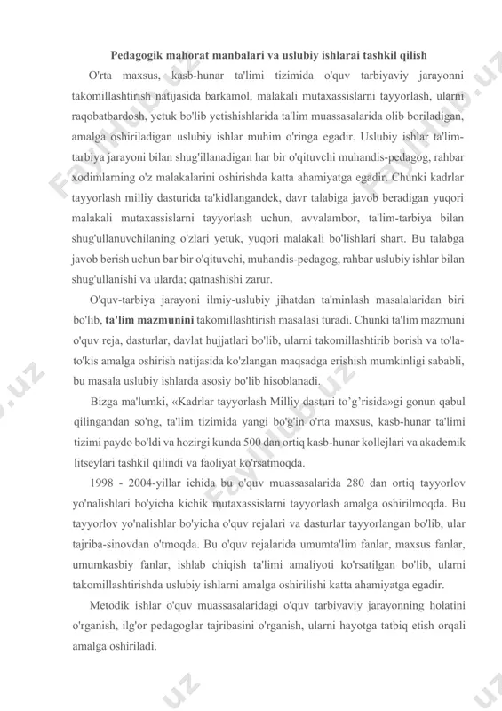 oshirilmoqda. bu tayyorlov yo'nalishlar bo'yicha o'quv rejalari va dasturlar tayyorlangan bo'lib, ular tajriba-sinovdan o'tmoqda. bu o'quv rejalarida umumta'lim fanlar, maxsus fanlar, umumkasbiy fanlar, ishlab chiqish ta'limi amaliyoti ko'rsatilgan bo'lib, ularni takomillashtirishda uslubiy ishlarni amalga oshirilishi katta ahamiyatga egadir. metodik ishlar o'quv muassasalaridagi o'quv tarbiyaviy jarayonning holatini o'rganish, ilg'or pedagoglar tajribasini o'rganish, ularni hayotga tatbiq etish orqali amalga oshiriladi. o'quv muassasasining muhandis-pedagoglarning faoliyati faqatgina nazariy va amaliy bilimlar berish, ya'ni darslar o'tish bilan cheklanib qolmaslik, ular faoliyatida har bir o'quvchi bilan shaxsiy ishlash, o'z ustida mustaqil ishlash, o'quvchilar guruhi bilan ishlash, o'z fani bo'yicha tashkiliy ishlarni olib borish, kabinet, laboratoriya, o'quv ustaxonalarini tashkil qilish va jihozlash, ota-onalar bilan ishlash, fanlar bo'yicha uslubiy komissiyalar ishida qatnashish va hakozolar bilan bog'liq. muhandis-pedagoglar o'quvchilar guruhi bilan ishlash, ularning ishlarini tashkil qilish va ko'zlangan maqsadga erishish uchun o'z ustida har doim tinimsiz ishlashi kerak, buning uchun ular bilimini oshirib va takomillashtirib borish zarur. chunki oliy …
