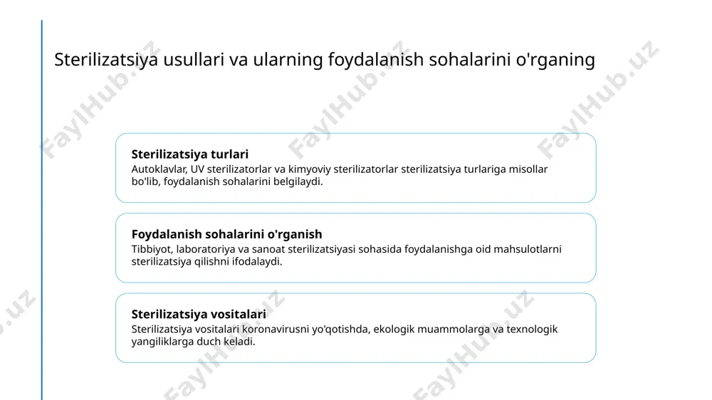 nologiyalar bilan moslashtirilgan sterilizatorlar orqali amalga oshiriladi, zamonaviy vositalar va protseduralar yordamida mustahkamlanadi. o'zaro ta'sir va biologik riskni minimallashtirish samarador sterilizatsiya usullari biologik riskni kamaytirishda katta ahamiyatga ega. o'zaro ta'sir va infeksiyalarni oldini olish uchun samarali sterilizatorlar foydalaniladi. elektron sterilizatsiya va avtomatlashtirish elektron sterilizatsiya, samaradorlik va tezlikni oshirishda katta rol o'ynaydi. avtomatlashtirish vositalar orqali sterilizatsiya protsesslari boshqariladi, xato yoki unutsa ham natijalar samarali bo'ladi. xulosa yakuniy fikr-mulohazalar texnologik rivojlanishlar biologik risklarni kamaytirish sterilizatsiya usullari, ularning xususiyatlari va ularning muhimligi haqida umumiy tushunchalar. autoklavlar, uv sterilizatsiya va kimyoviy sterilizatsiya muassasalari kabi texnologik vositalarning o'zgarishi va rivojlanishi. sterilizatsiya protsessi biologik xatarlarni kamaytirishda qanday muhim ahamiyatga ega ekanligi va xususiyatlari to'g'risidagi fikrlar. e'tiboringiz uchun rahmat! image1.jpeg image2.jpeg image3.jpeg image4.jpeg