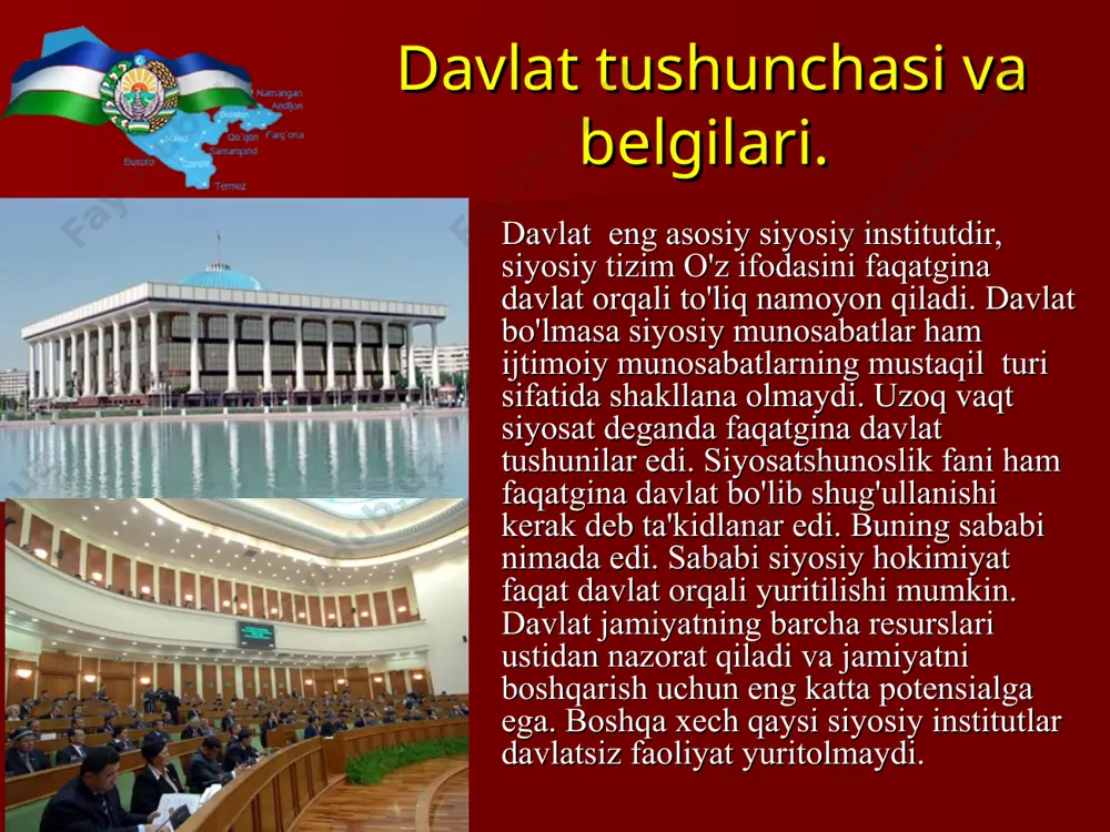 va ichki vazifalariga bo'lishadi. ichki vazifalarga quyidagilar kiradi: 1. mavjud bo'lgan siyosiy tizim, jamiyatninng ijtimoiy- siyosiyo tuzilishi, tartib va qonunlarni inson huquqlarini himoya qilish funksiyasi; 2. xo'jalik-tashkillashtirish, ijtimoiy-iqtisodiy funksiya (iqtisodiyotni tartiblashtirish, iqtisodiy farovonlikni saqlash); 3. ijtimoiy funksiya (ijtimoiy dasturlarni amalga oshirish); 4. madaniy-tarbiyalovchi funksiya. tashqi funksiyalar - mamlakatni mudofaa qilish, halqaro arenada uning manfaatlarini himoya qilish. davlat ijtimoiy tuzilma sifatida o'z elementlariga ega. ular quyidagilar: - oliy qonun chiqaruvchi xokimiyat organlari; - ijro hokimiyat organlari; - sud organlari (shu jumladan prokuratura va politsiya); - ma'muriy apparati(siyosiy ma'muriyat organlari); - majburlash apparati (armiya, politsiya, sud, xavfsizlik xizmatlari). davlatlarni turlarga bo'lish harakatlari antik davridayoq bo'lgan. bugungi kunda davlatlar bir nechta belgilari asosida turlarga bo'lishadi. davlatlarni turlarga bo'lish harakatlari antik davridayoq bo'lgan. bugungi kunda davlatlar bir nechta belgilari asosida turlarga bo'lishadi. boshqarish shakllari asosida davlatlarning monarxiya va respublikalarga bo'lishadi. monarxiyada yakka shaxs (qirol, shox, knyaz, imperator) nasldan-naslga, otadan-farzandga meros sifatida o'tib keladigan boshqarish …
