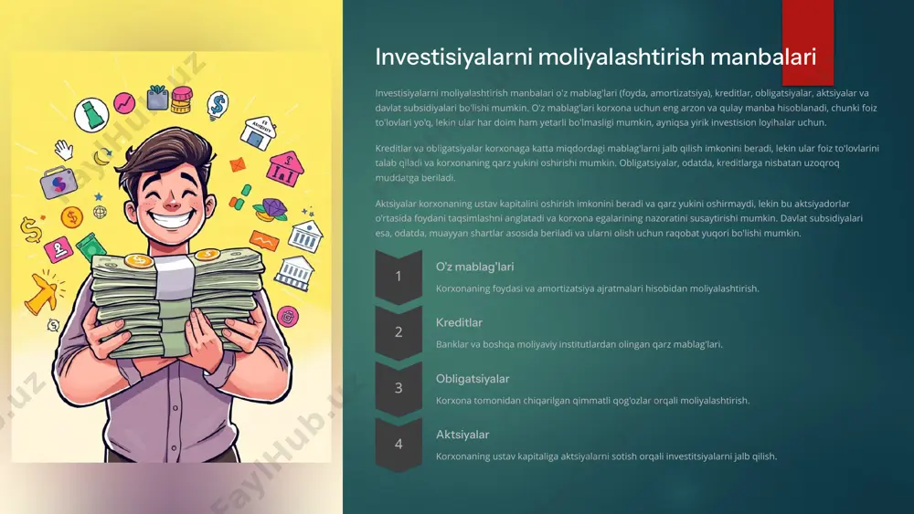 ashi mumkin, raqobat kuchli bo'lgan muhitda esa innovatsion loyihalarga investitsiya qilish muhim bo'ladi. texnologik o'zgarishlar esa korxonalarni yangi texnologiyalarni o'zlashtirishga va eskirgan texnologiyalardan voz kechishga majbur qilishi mumkin. konservativ past riskli loyihalar. kapitalni saqlashga qaratilgan, barqaror daromadlilikni ta'minlaydi. agressiv yuqori riskli loyihalar. tez o'sishni va yuqori daromadlilikni maqsad qiladi, lekin katta yo'qotishlar xavfi mavjud. o'rtacha risk va daromadlilik o'rtasida muvozanat. o'rtacha daromadlilikni ta'minlash bilan birga risklarni minimallashtirishga harakat qiladi. 6 investision risklarni boshqarish investision risklar - bu investisiyalardan kutilgan daromadni olmaslik ehtimoli. bu moliyaviy yo'qotishlar, loyihaning kechikishi yoki hatto to'xtatilishi kabi turli shakllarda namoyon bo'lishi mumkin. risklarni boshqarish investitsiya loyihalarining muvaffaqiyatiga sezilarli ta'sir ko'rsatishi mumkin, chunki u potentsial xavflarni aniqlash, baholash va ularni kamaytirishga qaratilgan kompleks jarayondir. samarali risklarni boshqarish loyiha qiymatini oshiradi va investitsiyalarning barqarorligini ta'minlaydi. 1 risklarni aniqlash potensial risklarni aniqlash, ularning manbalarini va investitsiya loyihasiga ta'sirini tushunish. bunga bozor risklari, kredit risklari, operatsion risklar va siyosiy risklar …