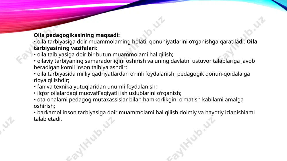 to, halokatga aylanishini uqtirgan. shuning uchun maktab tarbiyasi bilan bir qatorda oila tarbiyasiga ham katta ahamiyat bergan. oilada to‘g‘ri yo'lga qo'yilgan tarbiya maktab uchun katta maktabdir va aksincha, oilada tegishli tarbiya ishlari olib borilmasa, bu holda maktabning ta’limtarbiya ishini juda qiyinlashtirib qo‘yadi. oilada bola bilan tarbiyachi o'rtasida juda yaqin va samimiy munosabat o'zining tabiiyligi va oddiyligi, mazmundorligi, iliqligi, hech qanday rasmiyatchilikning yo'qligi bilan ajralib turishi lozim. oila odamzod o'zining dastlabki ijtimoiy yo'lini bosib o'tadigan eng muhim sohadir. bunday oilada ota-onalar bilan bolalar o'rtasida m a’lum ma’noda izzat hurmat va qildan ishonch kabi chegara bo'ladi. oilada bolalaming o'zga bir oilada yotib qolishiga hech bir holda sira yo'l qo'ymasligi kerak, bola yotib qoladigan joy aniq tanish va ishonchli bo'lgan taqdirdagina istisno bo'lishi mumkin. oilada farzand yaxshi tarbiyalansa, ota-onaning baxti, yomon farzand esa ota-onaga kulfat keltiradi. oila va jamoatchilik hamkorligi yosh avlodni muvaffaqiyatli tarbiyalashning asosiy shartlaridan biridir, ota-ona e’tiboriga oladigan alohida ahamiyat berish …